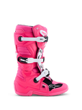 Alpinestars Bottes Tech 7S Junior, bottes de motocross enfant, rose fluo et noires, boucles blanches et protection TPU durable.
