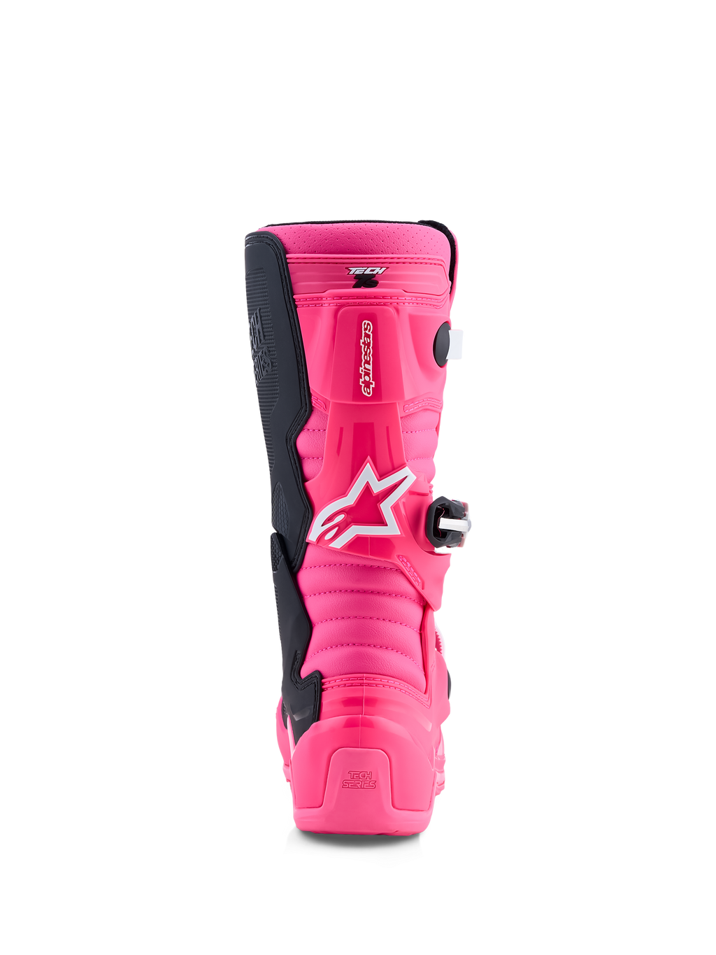 Alpinestars Youth Tech 7S Motocross Boots in Pink Fluo and Black, featuring TPU protection and a performance pivot system.