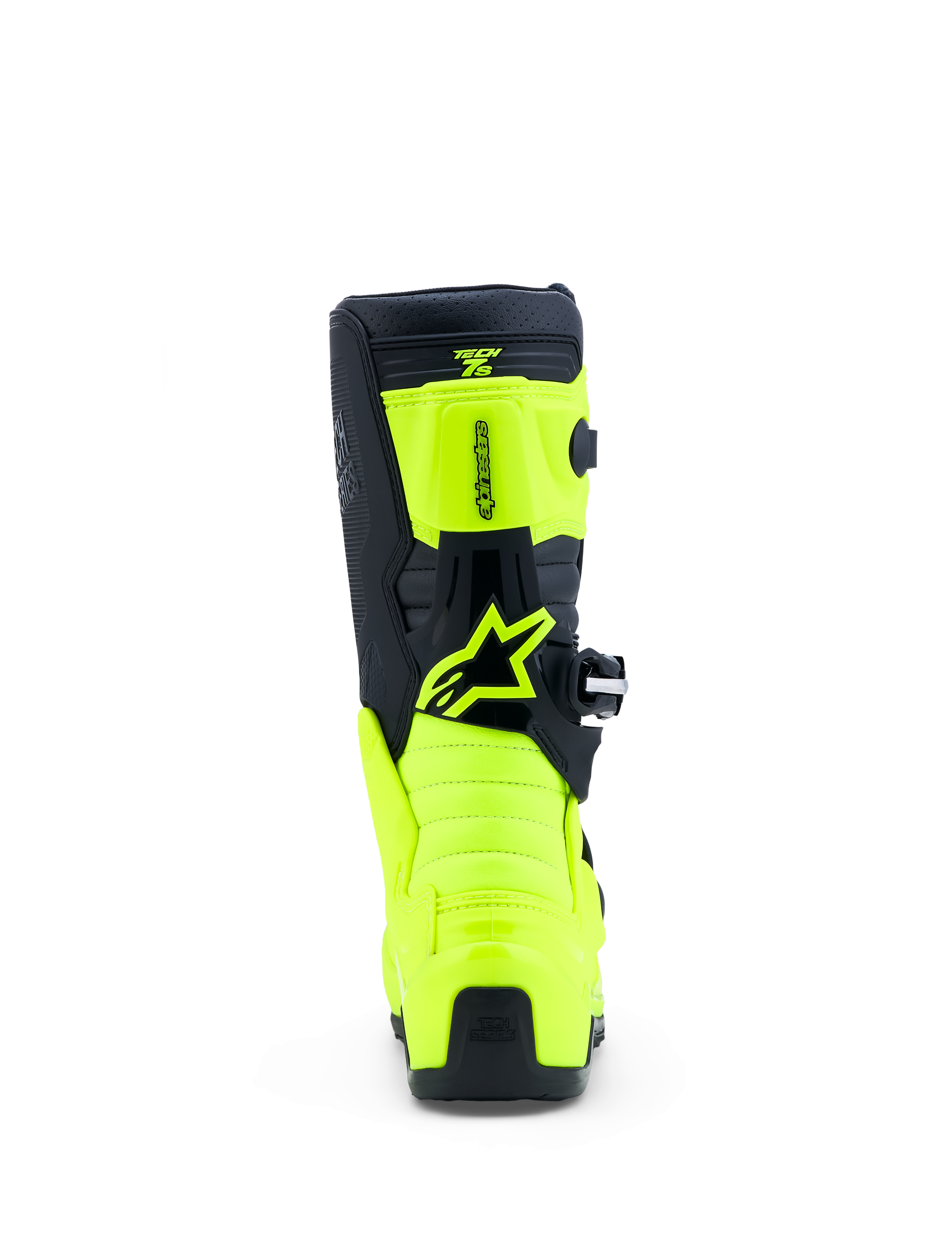 Alpinestars Youth Tech 7S Motocross Boots, rear view in Yellow Fluo and Black with protective TPU panels and Astar logo.