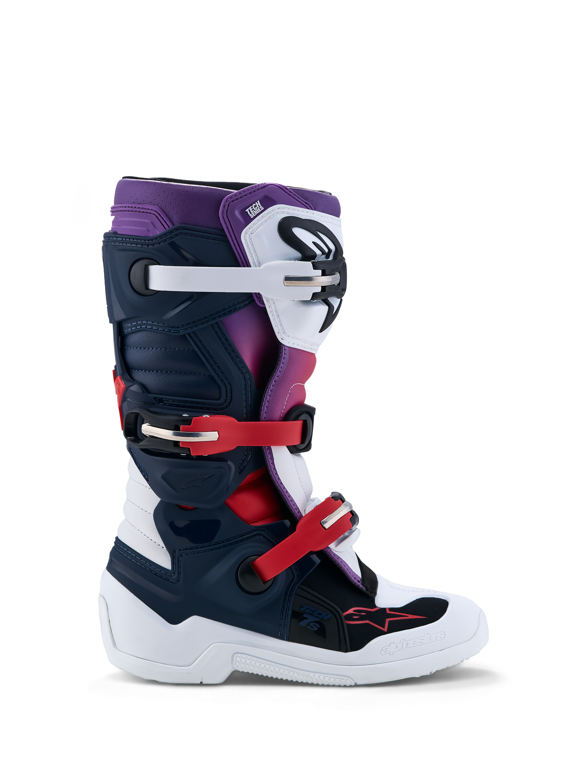 Bottes Alpinestars Tech 7S Junior, bottes de motocross junior, bleu foncé, blanches et rouges, avec protections TPU.
