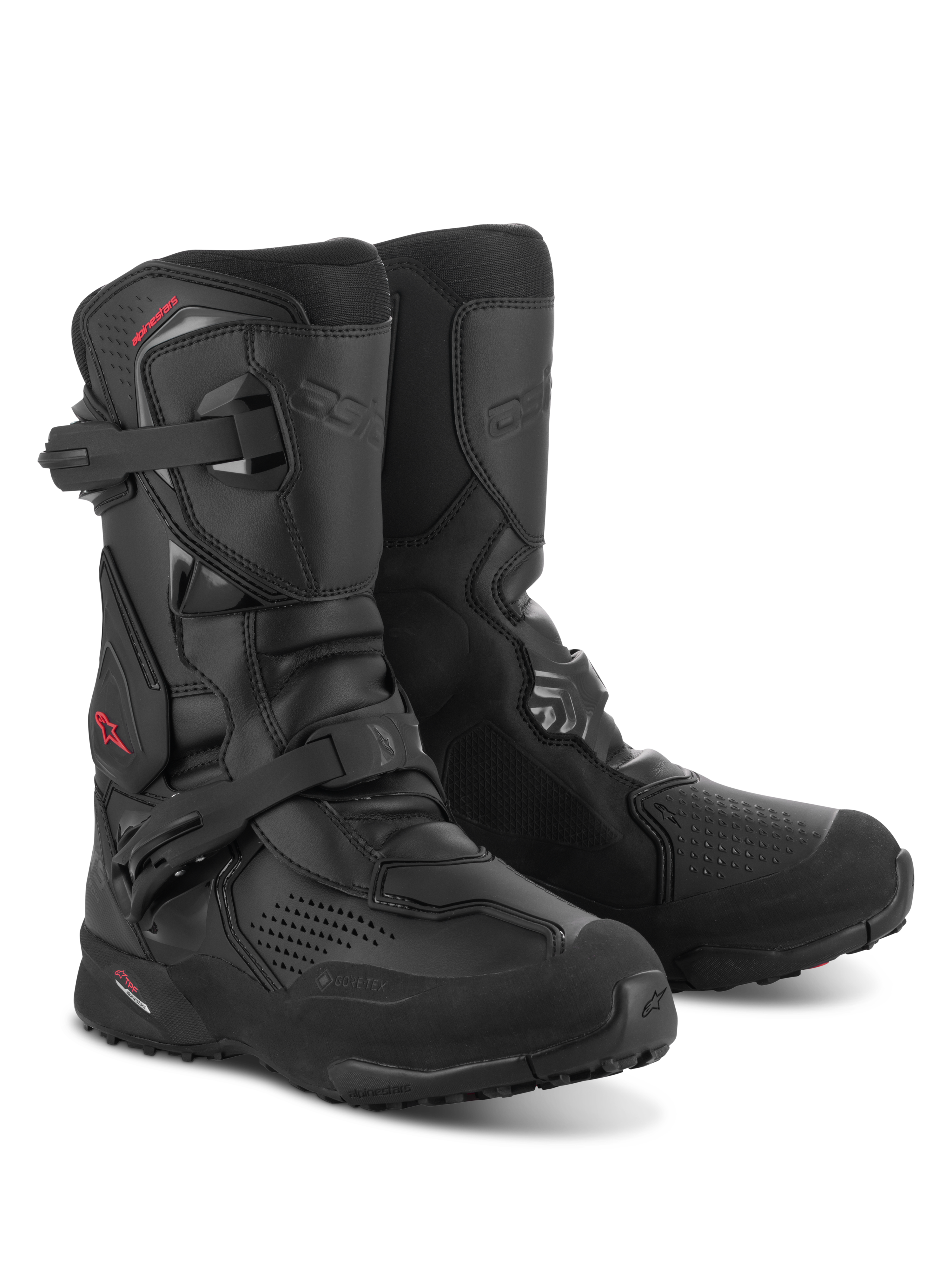 Alpinestars XT-8 GORE-TEX Boots, All-Black Adventure Enduro Motorcycle Boots, featuring dual buckle closure, reinforced shin and toe areas, aggressive lugged rubber outsole, and red Alpinestars logo on the side.