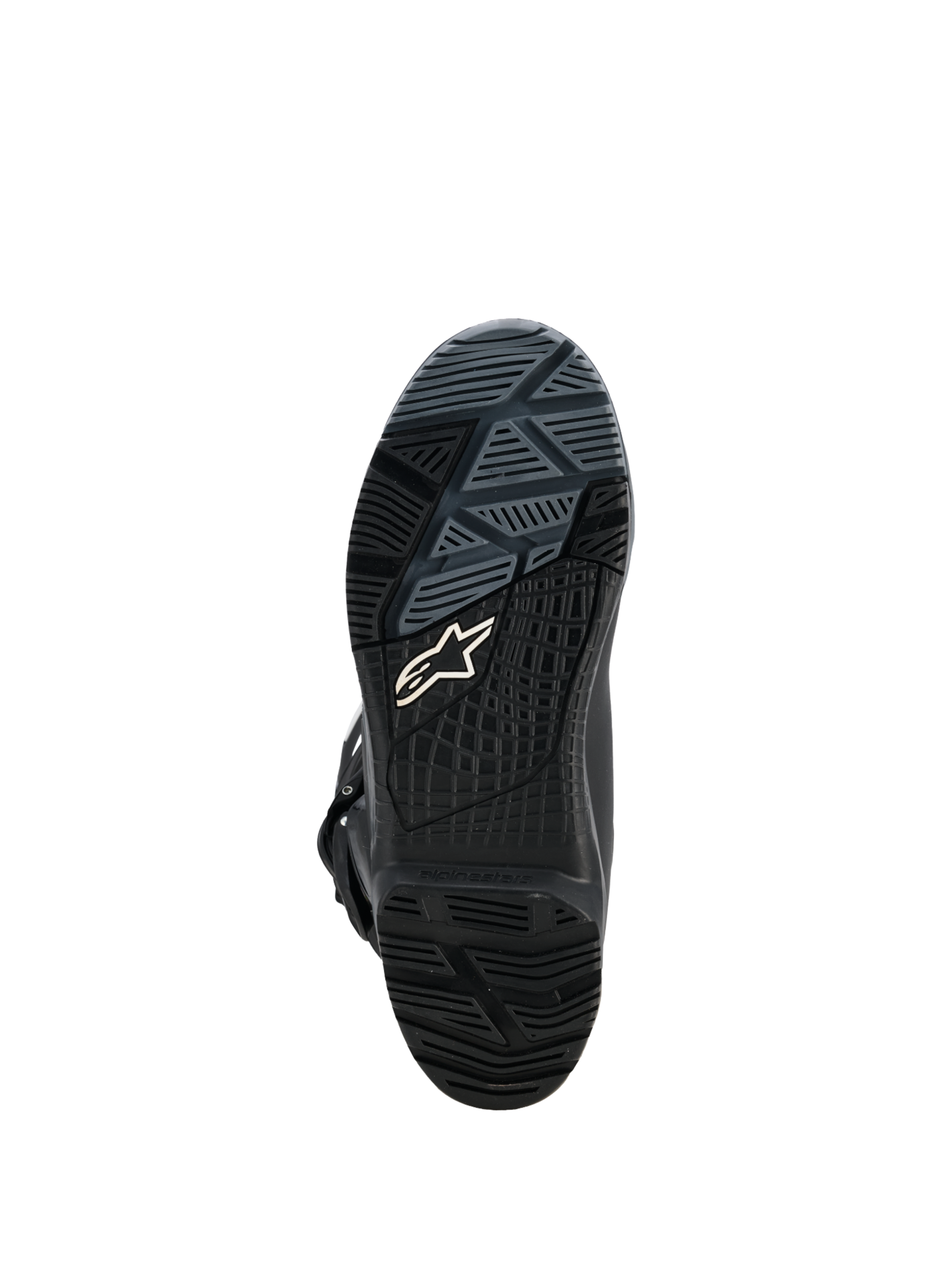Alpinestars Corozal V2 Adventure Drystar® Boots, black motorcycle adventure boot outsole close-up with all-terrain rubber tread and Alpinestars logo