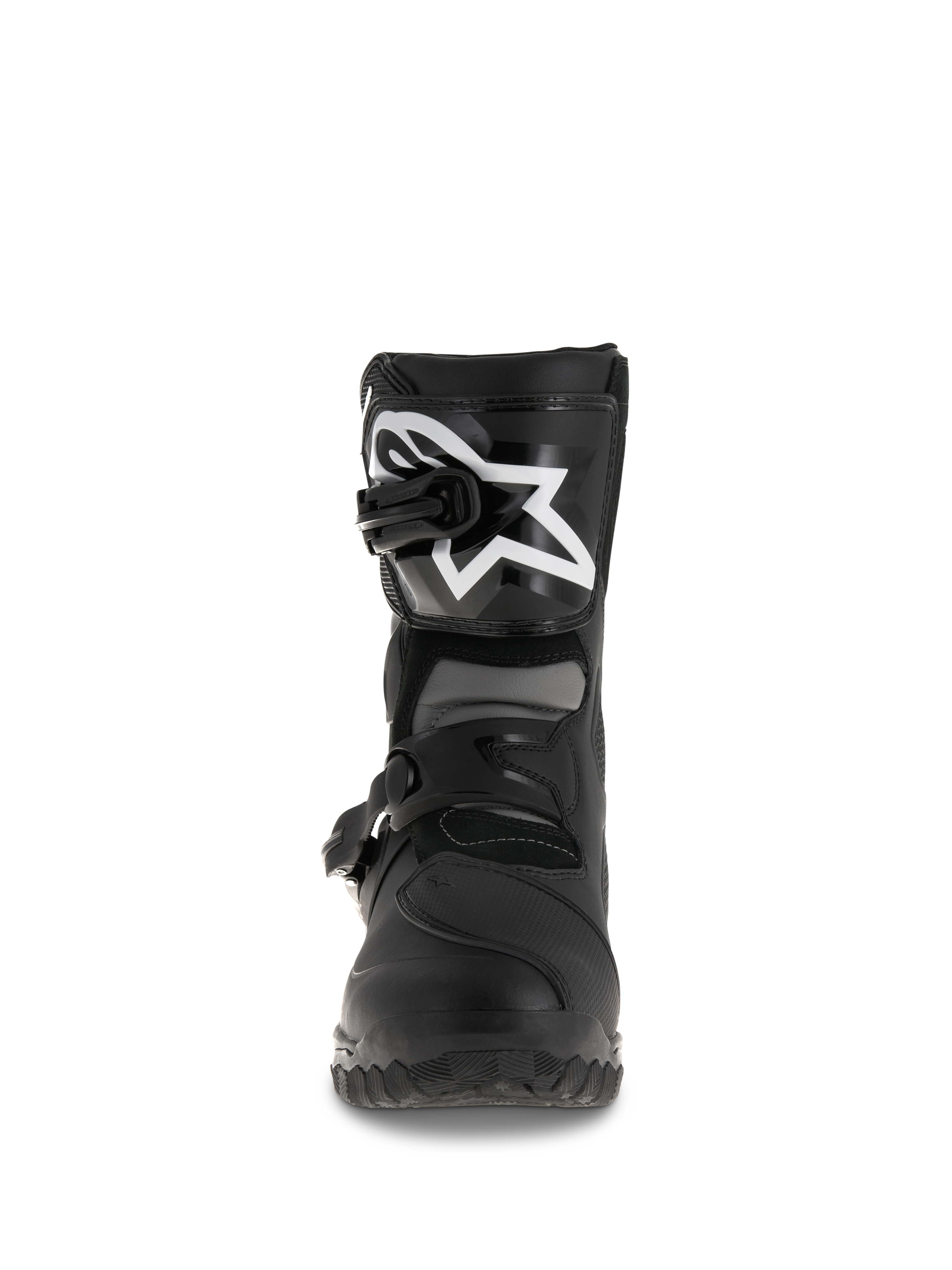 Bottes Alpinestars Belize Drystar®, bottes de moto d'aventure et de touring, noires, vue de face présentant une plaque de tibia en TPU avec un grand logo blanc, un système de fermeture à double boucle et une semelle extérieure vulcanisée robuste