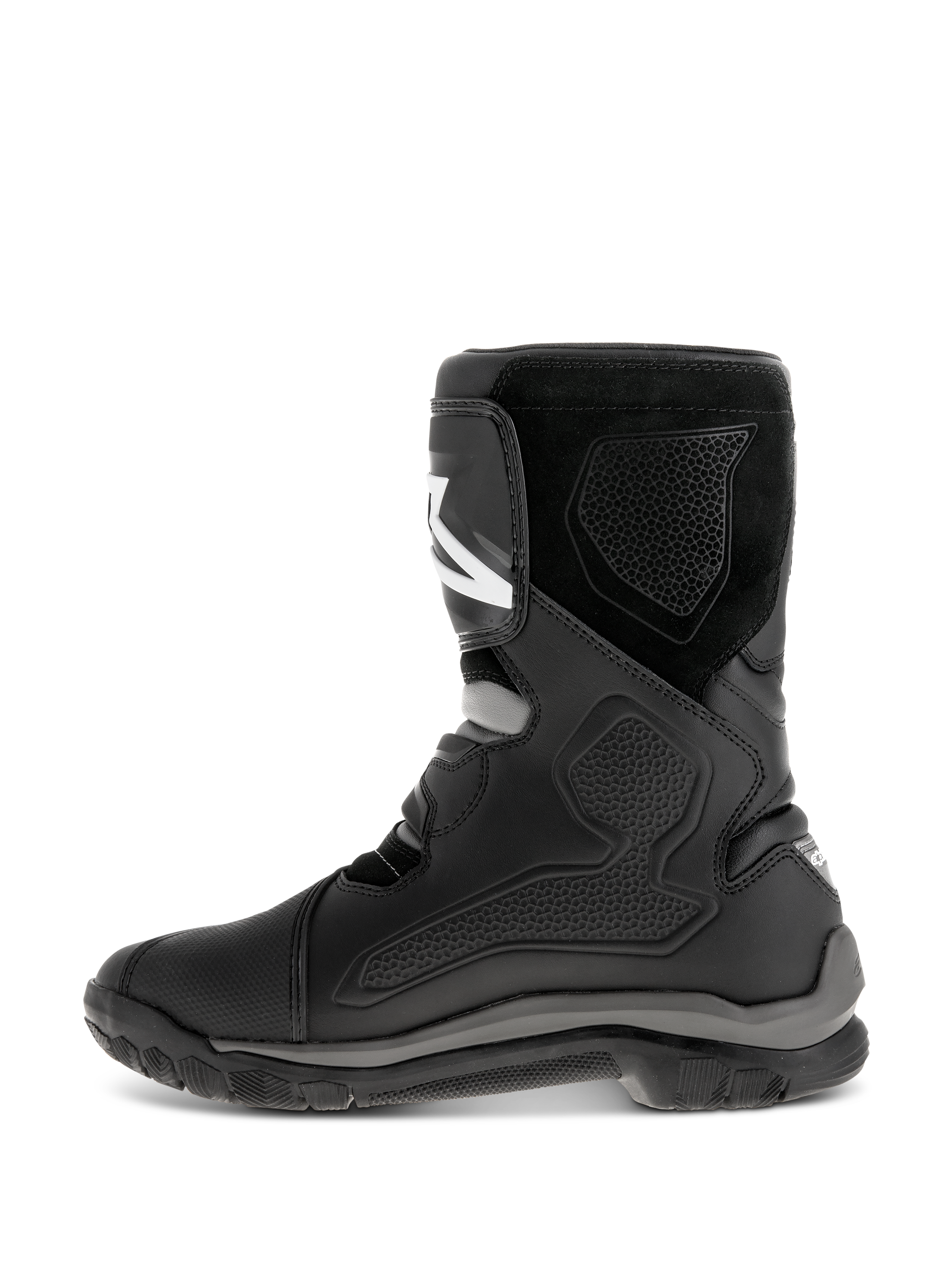 Bottes Alpinestars Belize Drystar®, bottes de moto noires, vue de profil montrant la construction en cuir avec panneaux de protection en TPU, texture en daim et semelle extérieure robuste en caoutchouc vulcanisé pour l'aventure et le touring