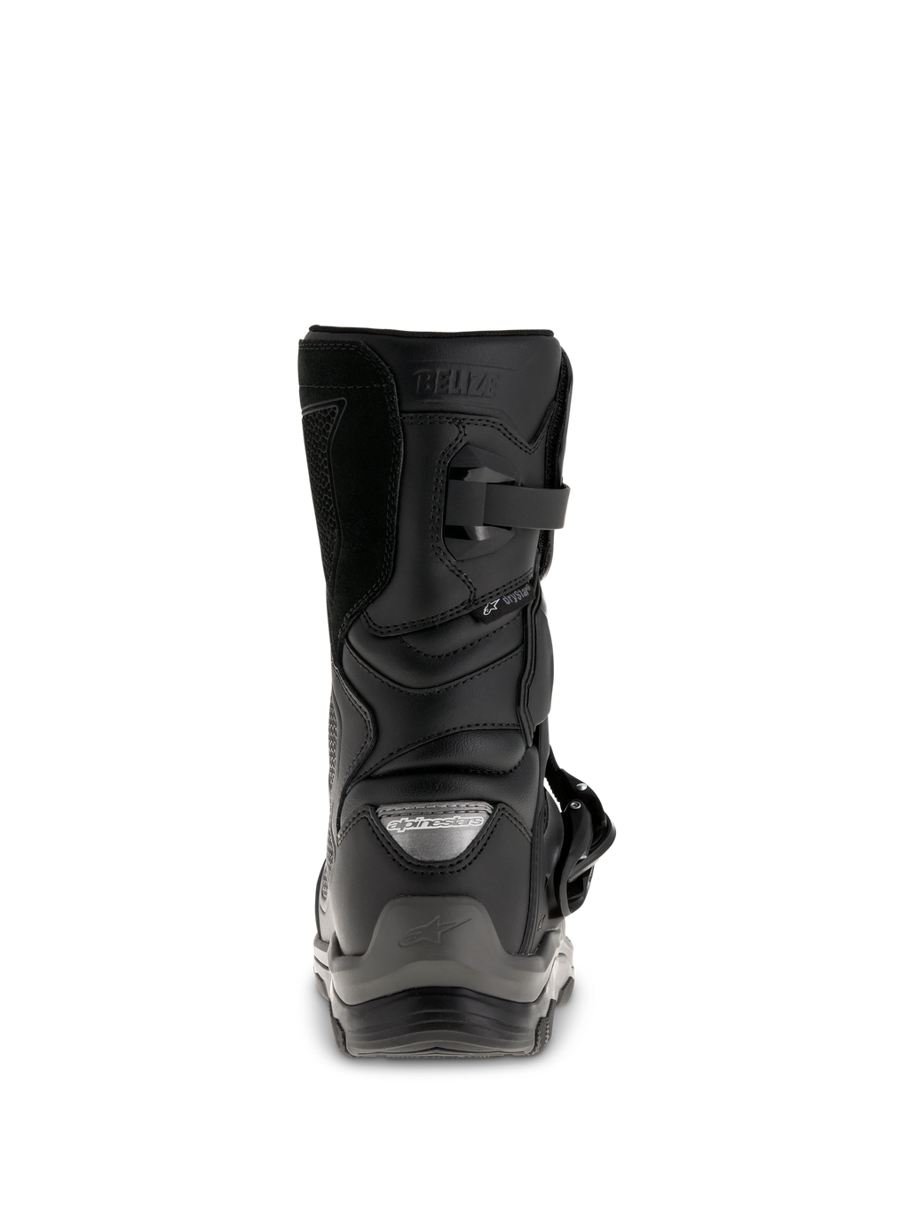 Bottes Alpinestars Belize Drystar®, bottes de moto adventure touring noires, vue arrière montrant le contrefort de talon, la fermeture par boucle et le marquage Drystar® imperméable.
