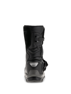 Bottes Alpinestars Belize Drystar®, bottes de moto adventure touring noires, vue arrière montrant le contrefort de talon, la fermeture par boucle et le marquage Drystar® imperméable.