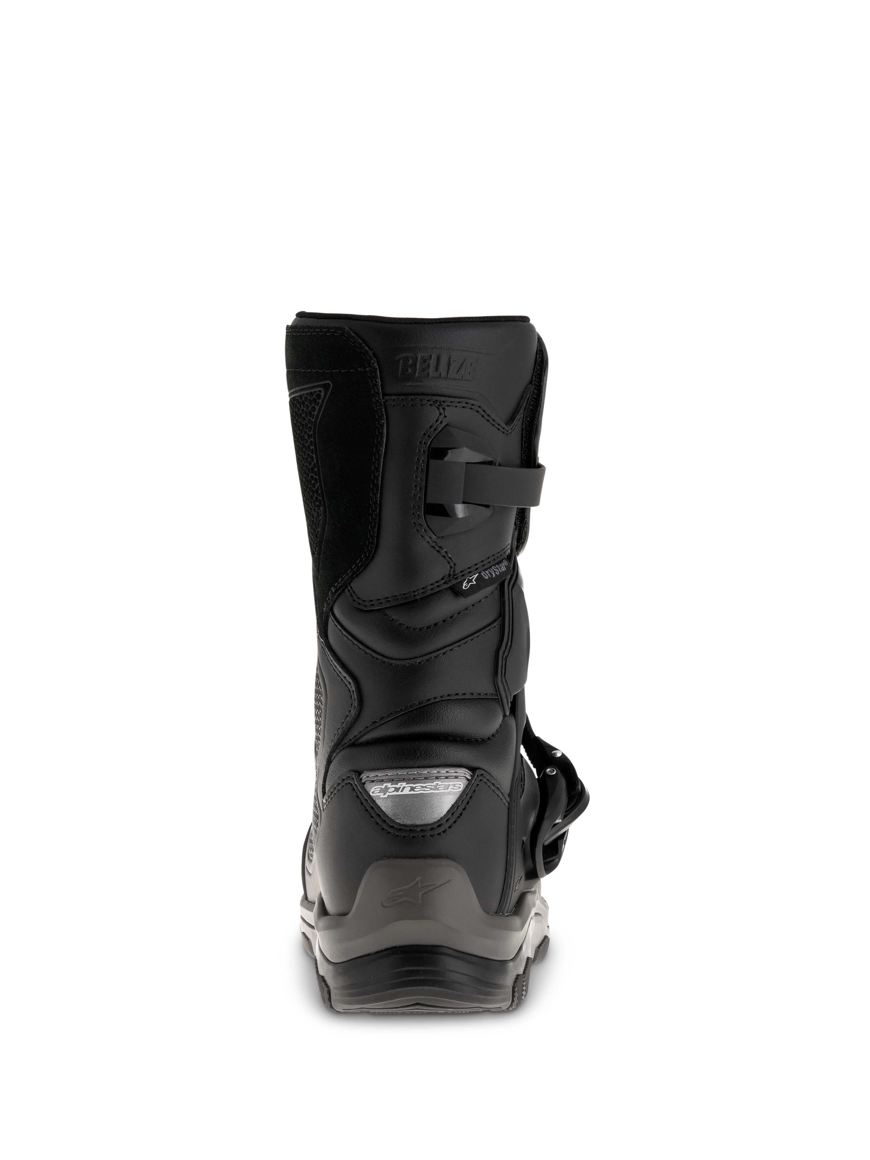 Bottes Alpinestars Belize Drystar®, bottes de moto adventure touring noires, vue arrière montrant le contrefort de talon, la fermeture par boucle et le marquage Drystar® imperméable.