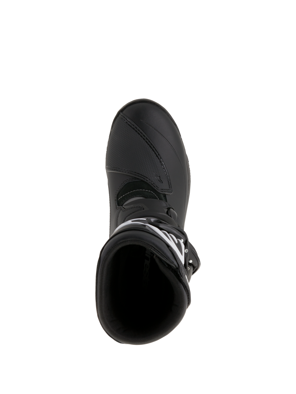 Bottes Alpinestars Belize Drystar®, bottes de moto Adventure Touring, noires, vue de dessus montrant l'ouverture d'entrée et le renfort de sélecteur, construction en cuir imperméable et microfibre