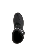 Bottes Alpinestars Belize Drystar®, bottes de moto Adventure Touring, noires, vue de dessus montrant l'ouverture d'entrée et le renfort de sélecteur, construction en cuir imperméable et microfibre