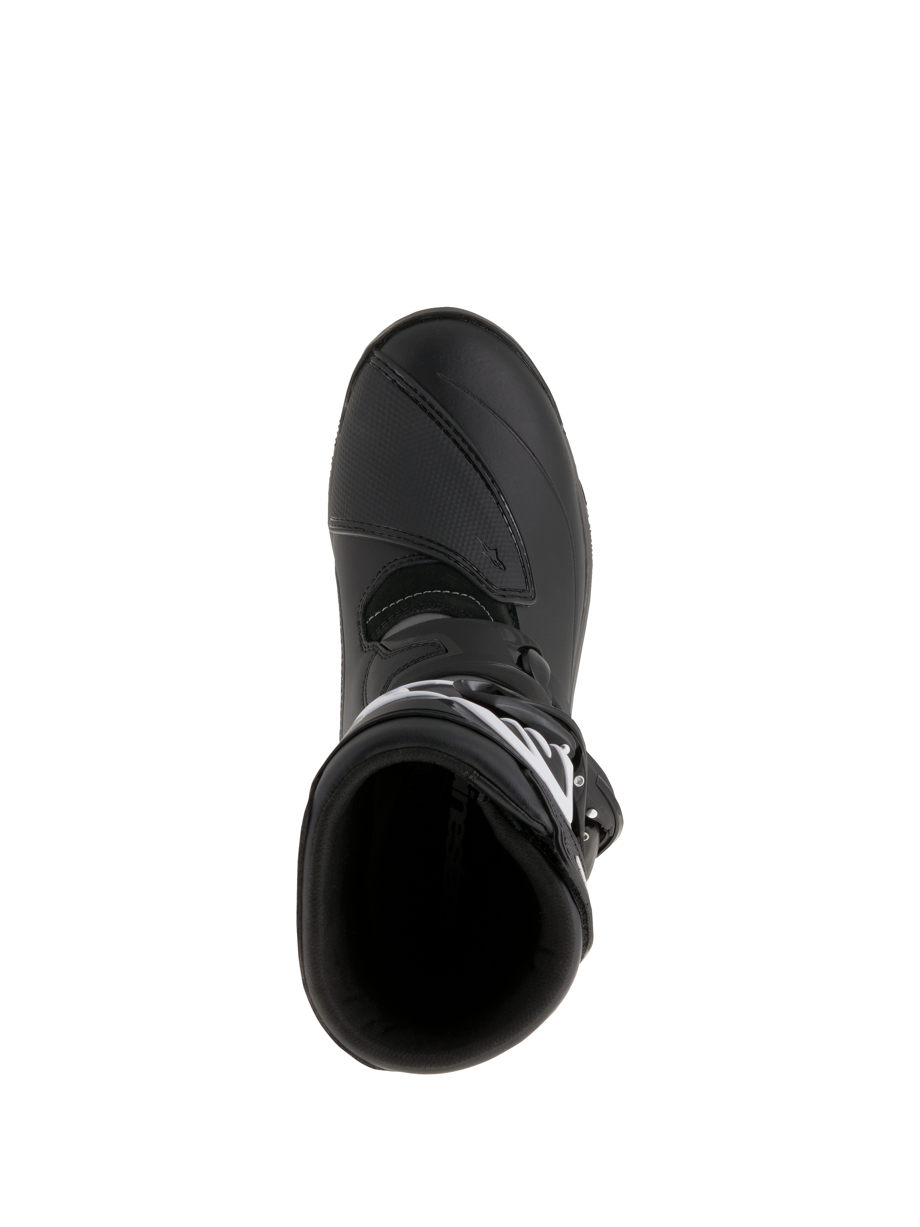 Bottes Alpinestars Belize Drystar®, bottes de moto Adventure Touring, noires, vue de dessus montrant l'ouverture d'entrée et le renfort de sélecteur, construction en cuir imperméable et microfibre