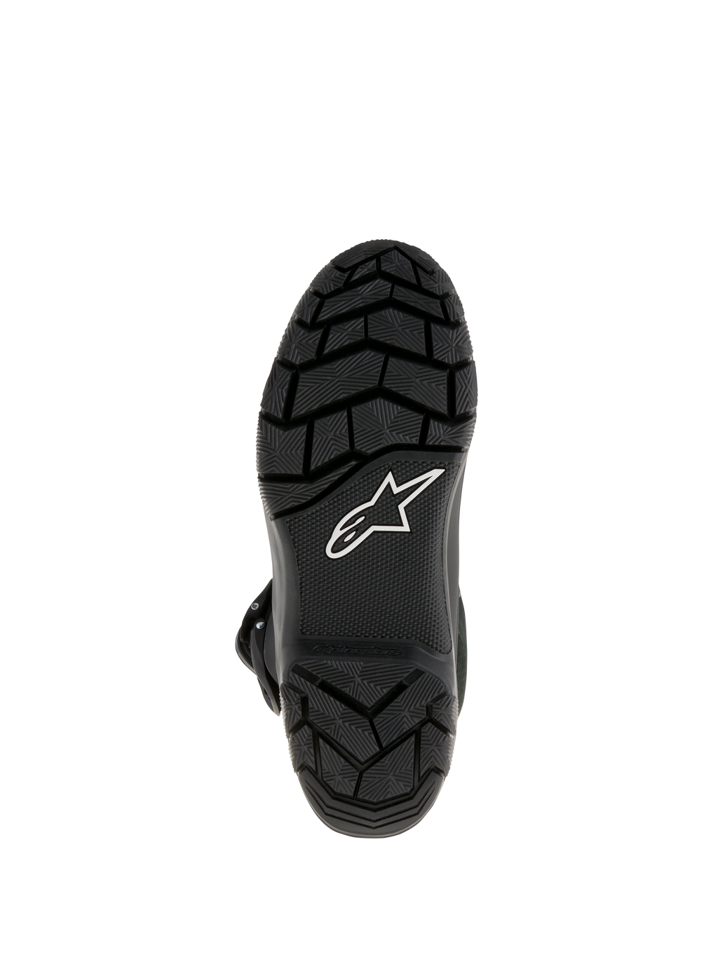 Bottes Alpinestars Belize Drystar®, bottes de moto Adventure Touring, vue de dessous montrant la semelle extérieure en caoutchouc vulcanisé noir avec motif à crampons pour une adhérence supérieure et logo étoile Alpinestars blanc