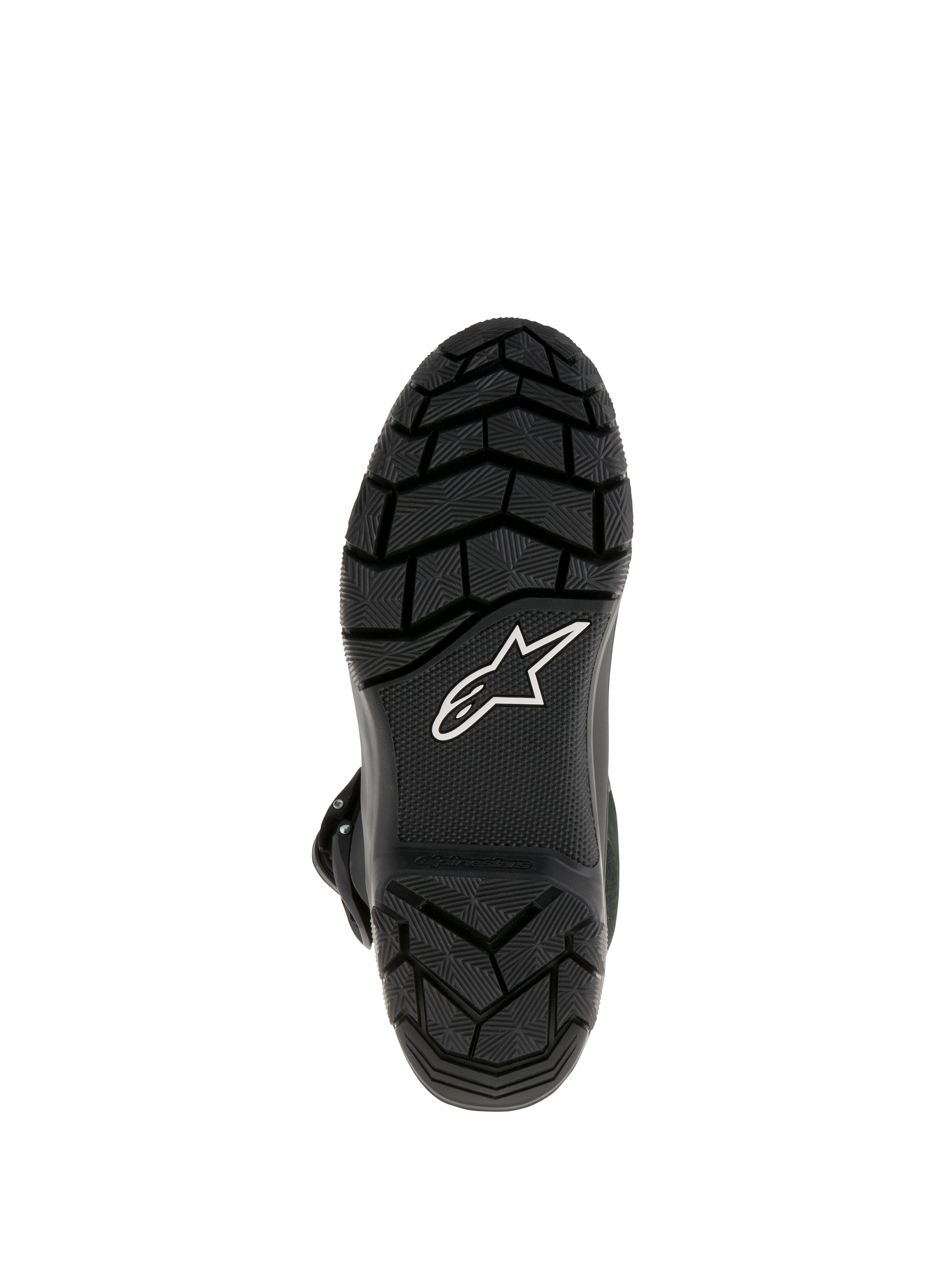 Bottes Alpinestars Belize Drystar®, bottes de moto Adventure Touring, vue de dessous montrant la semelle extérieure en caoutchouc vulcanisé noir avec motif à crampons pour une adhérence supérieure et logo étoile Alpinestars blanc