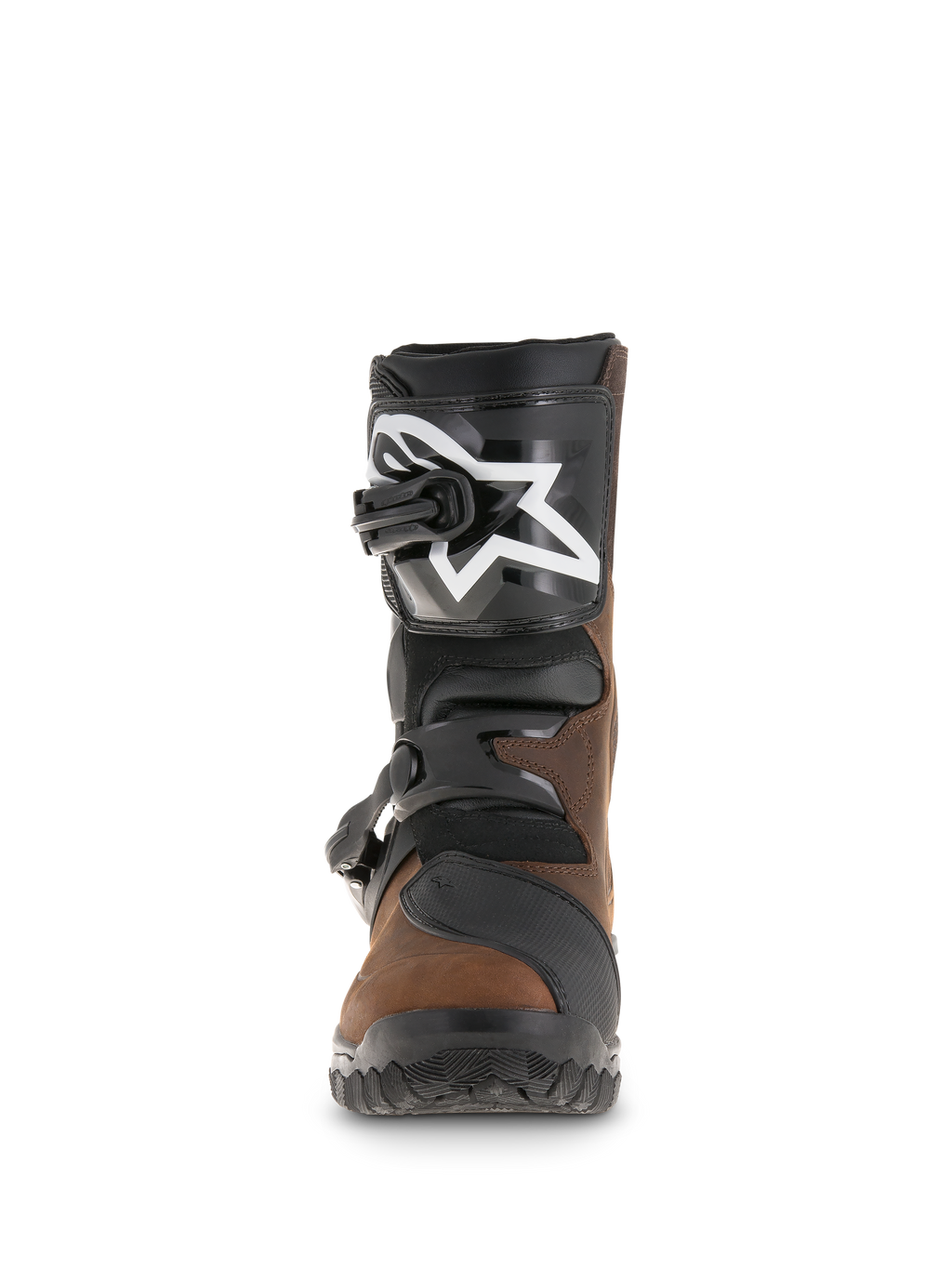 Bottes Alpinestars Belize Drystar®, bottes d'aventure touring, marron huilé et noir, vue de face montrant la plaque tibiale en TPU avec logo d'étoile blanc, système de fermeture à double boucle et semelle texturée robuste