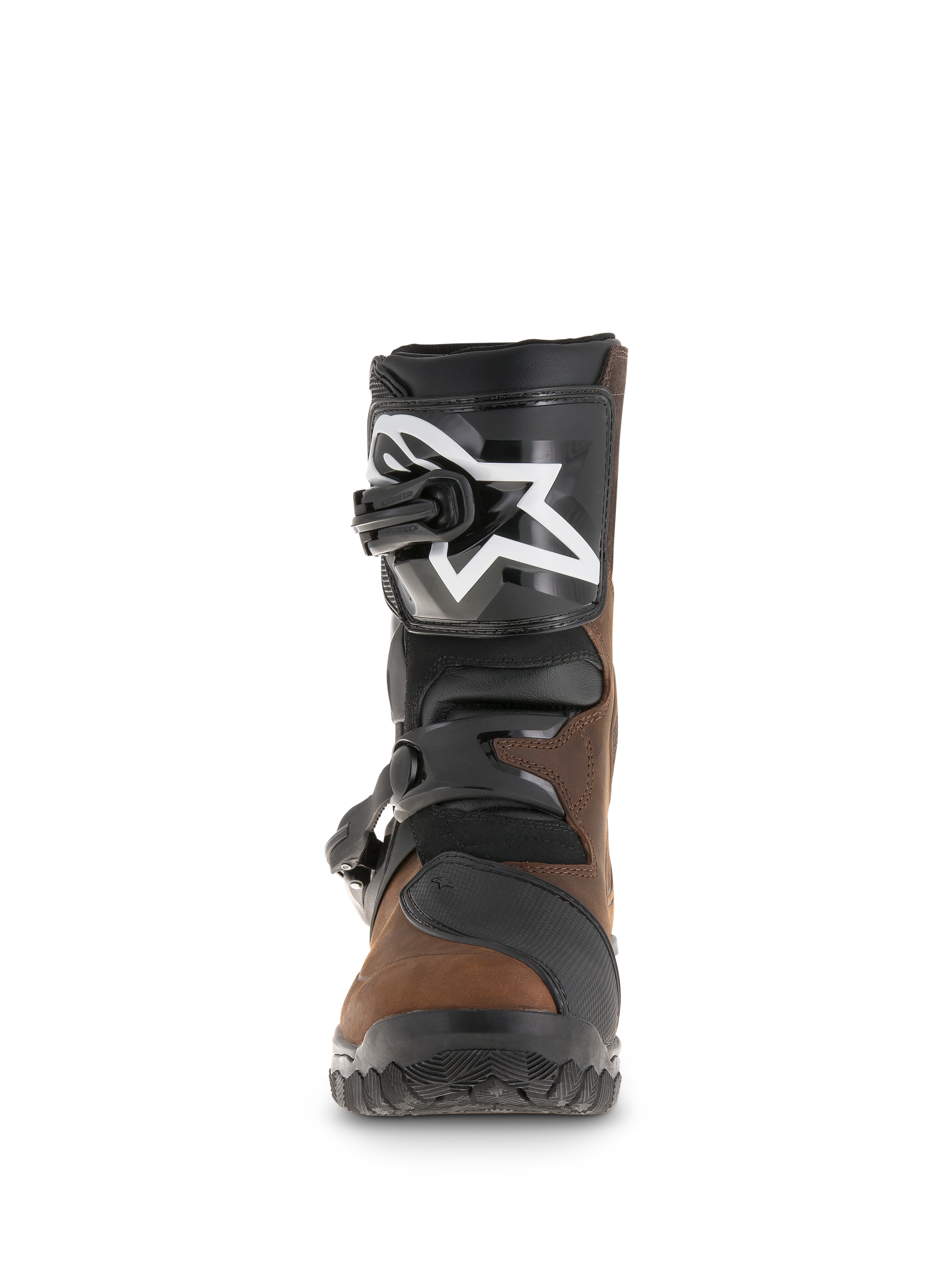 Bottes Alpinestars Belize Drystar®, bottes d'aventure touring, marron huilé et noir, vue de face montrant la plaque tibiale en TPU avec logo d'étoile blanc, système de fermeture à double boucle et semelle texturée robuste