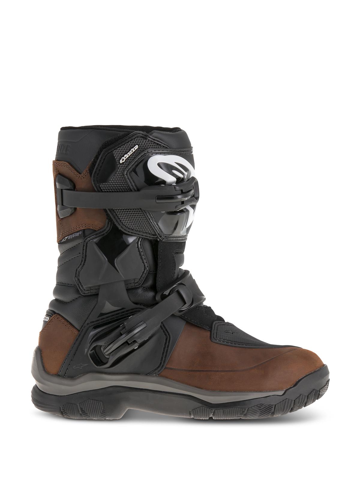 Alpinestars Belize Drystar Boots, short-calf adventure touring motorcycle boots, Oiled Brown and Black leather, features lateral flexi-blade ankle protection, two adjustable ratchet buckles, and a durable textured rubber sole.