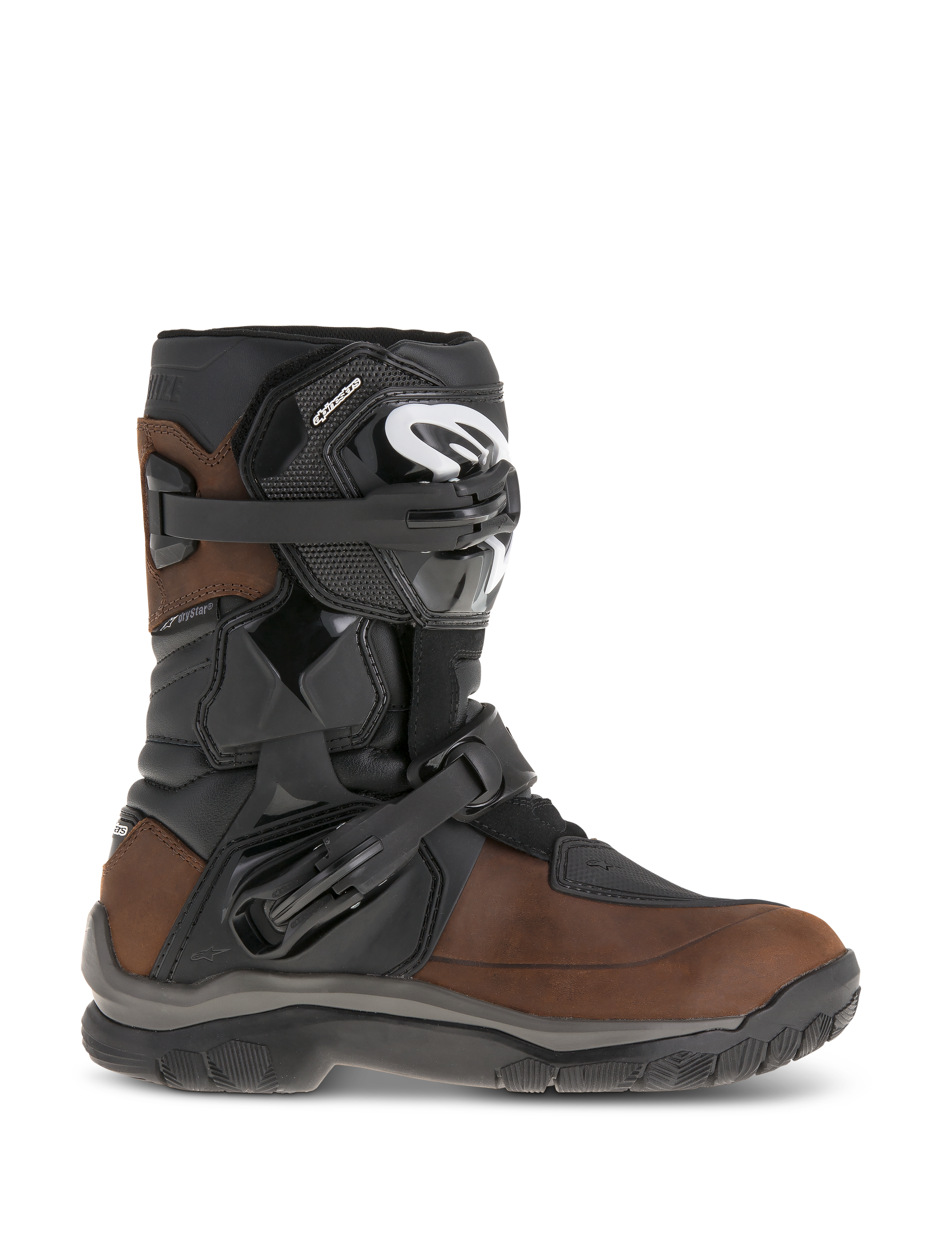 Bottes Alpinestars Belize Drystar, bottes de moto adventure touring à tige courte, cuir marron huilé et noir, protection de cheville latérale flexi-blade, deux boucles à cliquet réglables, semelle en caoutchouc texturé durable