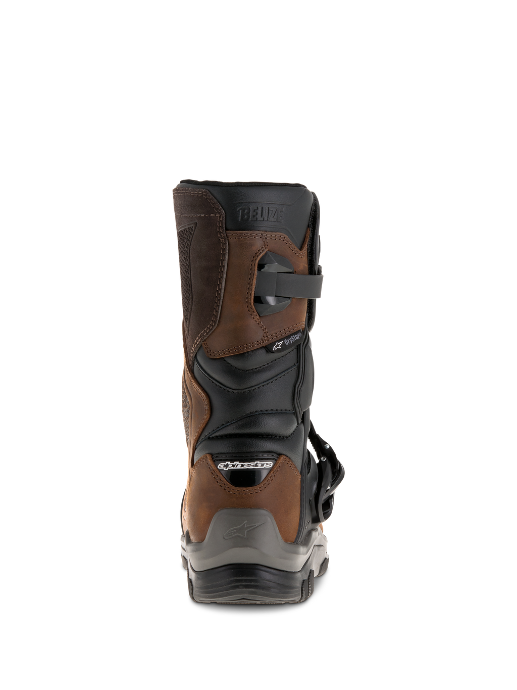 Bottes Alpinestars Belize Drystar®, vue arrière, brun huilé et noir, bottes de moto d'aventure touring imperméables avec design à tige courte, logo « BELIZE » embossé et protection de talon robuste.