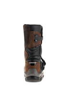 Bottes Alpinestars Belize Drystar®, vue arrière, brun huilé et noir, bottes de moto d'aventure touring imperméables avec design à tige courte, logo « BELIZE » embossé et protection de talon robuste.