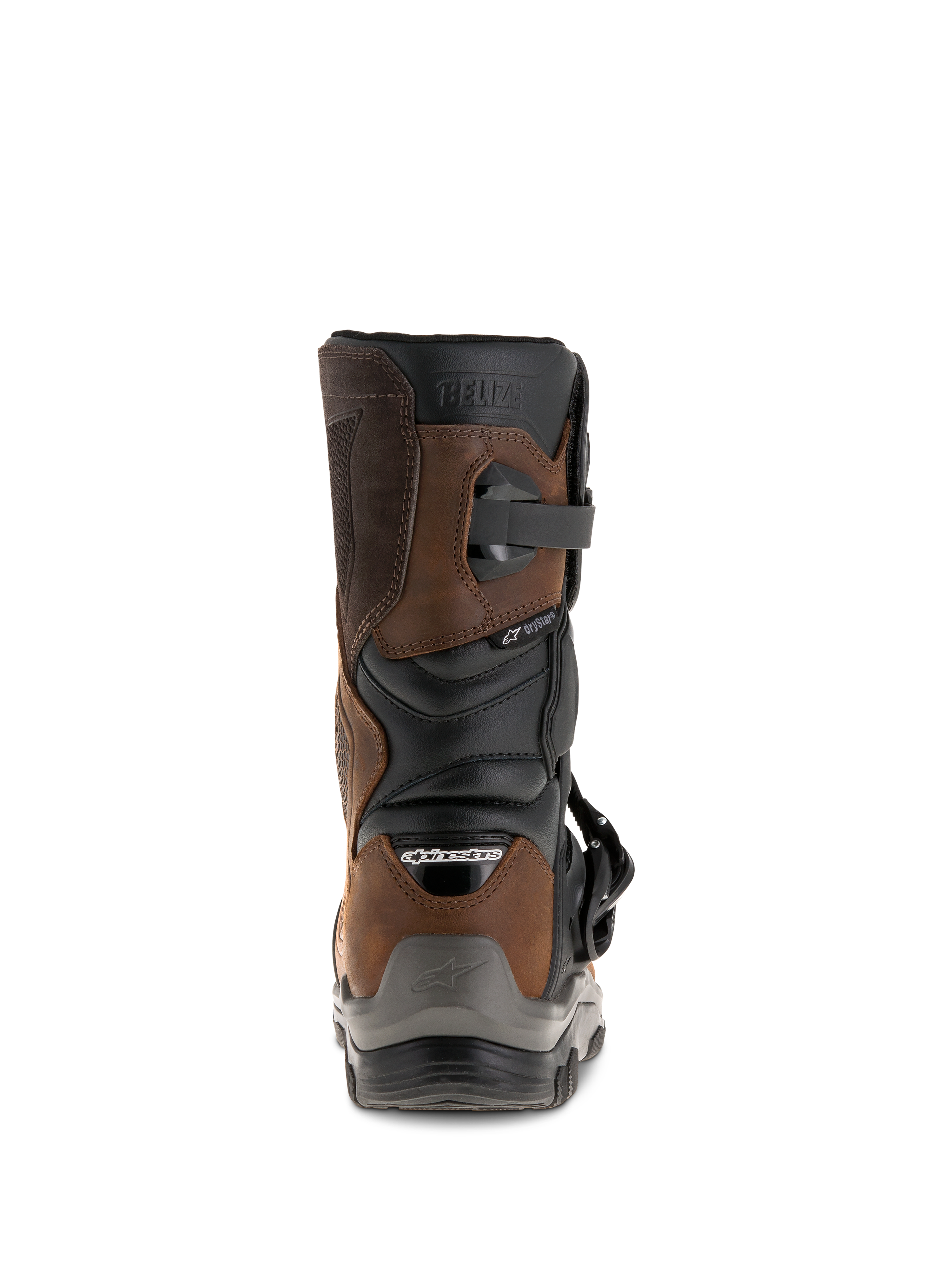 Bottes Alpinestars Belize Drystar®, vue arrière, brun huilé et noir, bottes de moto d'aventure touring imperméables avec design à tige courte, logo « BELIZE » embossé et protection de talon robuste.