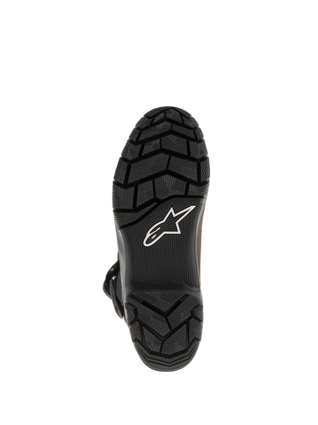 Bottes Alpinestars Belize Drystar®, semelle extérieure en caoutchouc vulcanisé noir avec motif de crampons texturé robuste, arborant le logo étoile blanc Alpinestars, conception à adhérence durable pour le touring d'aventure