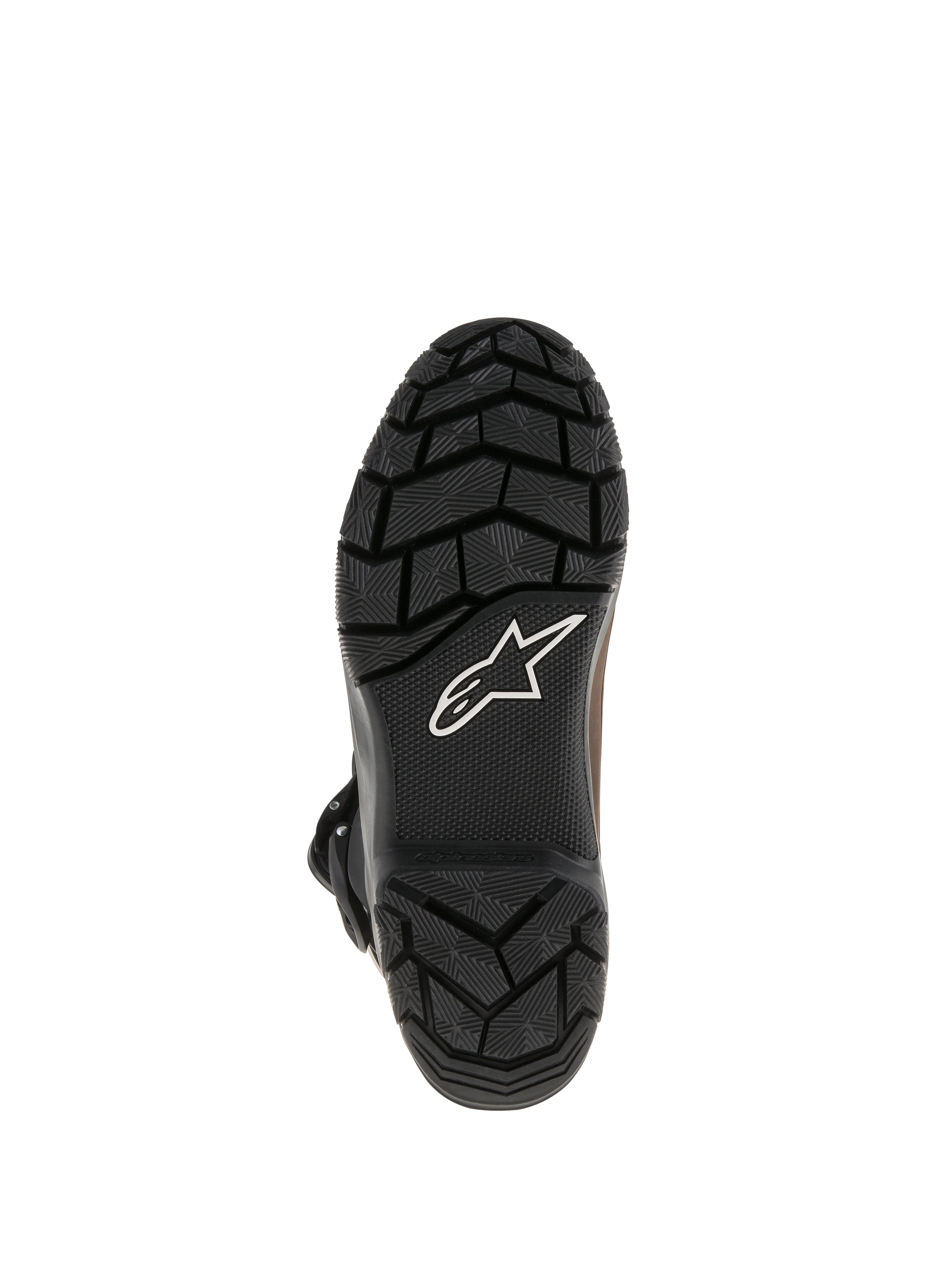 Bottes Alpinestars Belize Drystar®, semelle extérieure en caoutchouc vulcanisé noir avec motif de crampons texturé robuste, arborant le logo étoile blanc Alpinestars, conception à adhérence durable pour le touring d'aventure