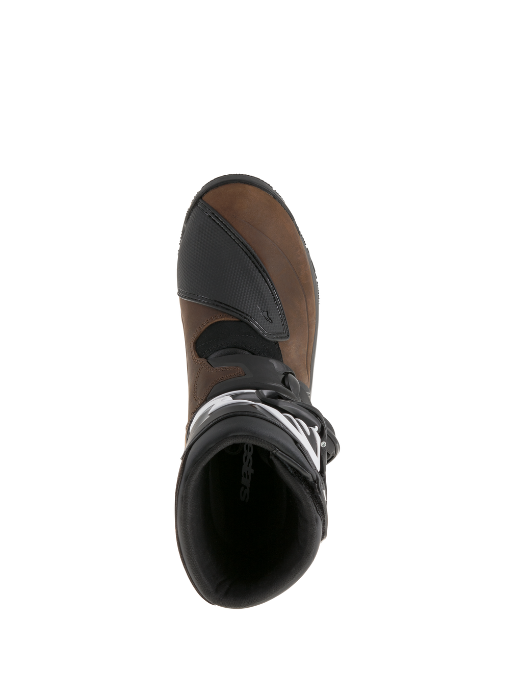 Bottes Alpinestars Belize Drystar®, brun huilé et noir, vue de dessus montrant la doublure intérieure et le pad de changement de vitesse texturé, bottes de moto aventure touring en cuir