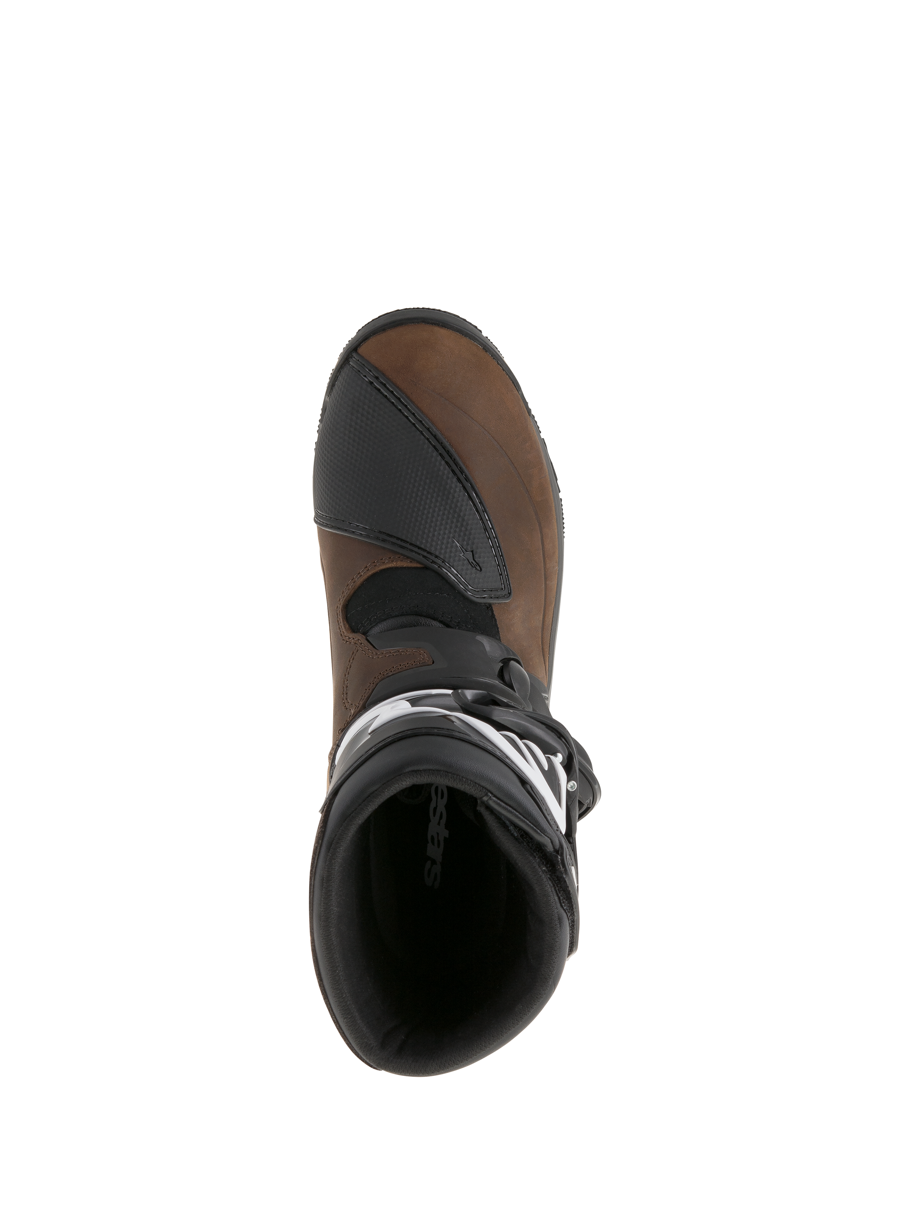 Bottes Alpinestars Belize Drystar®, brun huilé et noir, vue de dessus montrant la doublure intérieure et le pad de changement de vitesse texturé, bottes de moto aventure touring en cuir