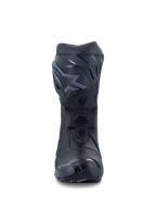 Alpinestars Supertech R Boots, Racing Motorcycle Boots, Black and Black, front view showing the TPU shin plate with logo, mesh ventilation panels, and streamlined protective construction