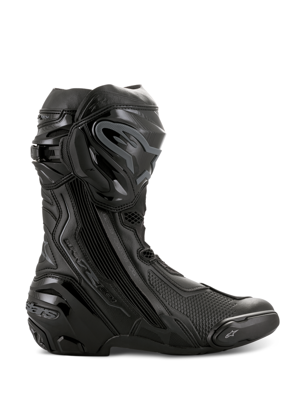 Alpinestars Supertech R Boots, High-Performance Motorcycle Racing Boots, All Black, side profile view showing TPU shin protector, replaceable toe slider, and reinforced heel, professional track-ready design
