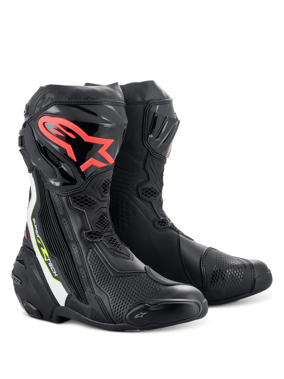 Bottes Alpinestars Supertech R, bottes de course moto haute performance, noires avec logo Alpinestars rouge sur le tibia, accents blancs et jaune fluo, dotées d'une construction technique en microfibre et de plaques de tibia protectrices en TPU.