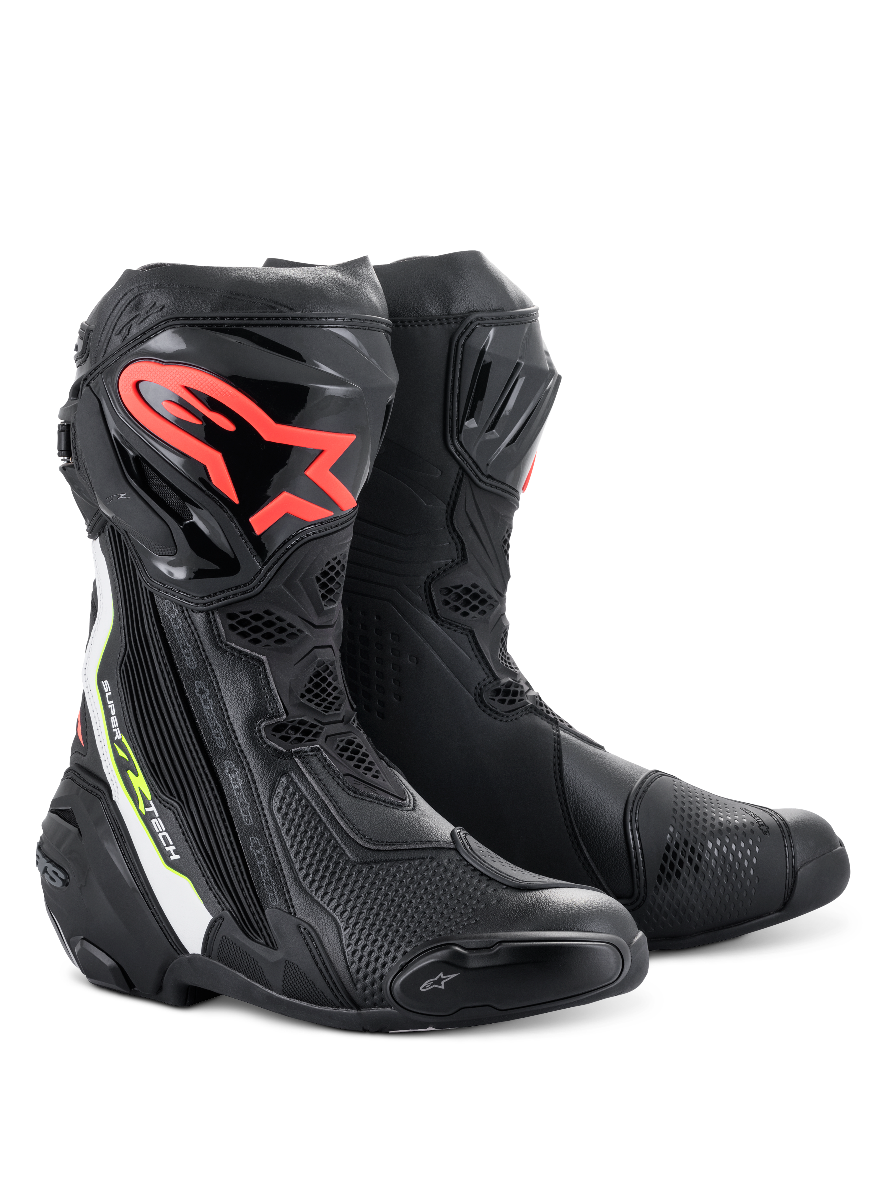 Bottes Alpinestars Supertech R, bottes de course moto haute performance, noires avec logo Alpinestars rouge sur le tibia, accents blancs et jaune fluo, dotées d'une construction technique en microfibre et de plaques de tibia protectrices en TPU.