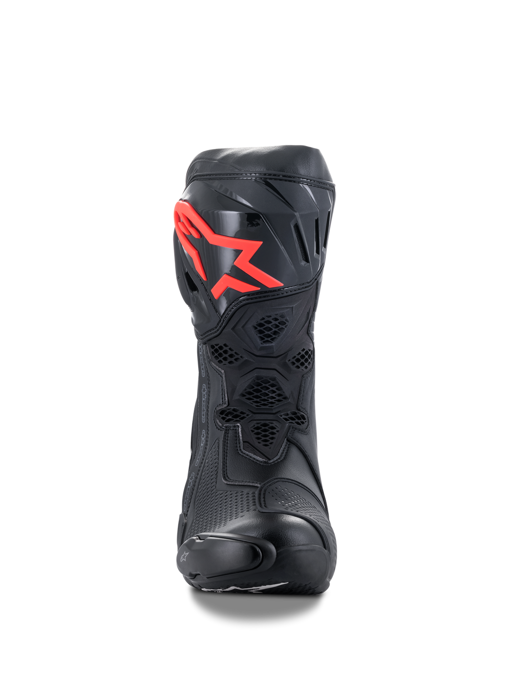 Bottes Alpinestars Supertech R, bottes de moto de course haute performance, noires avec logo rouge, vue de face présentant une plaque de tibia protectrice en TPU, une ventilation en maille nid d'abeille et un design de course aérodynamique