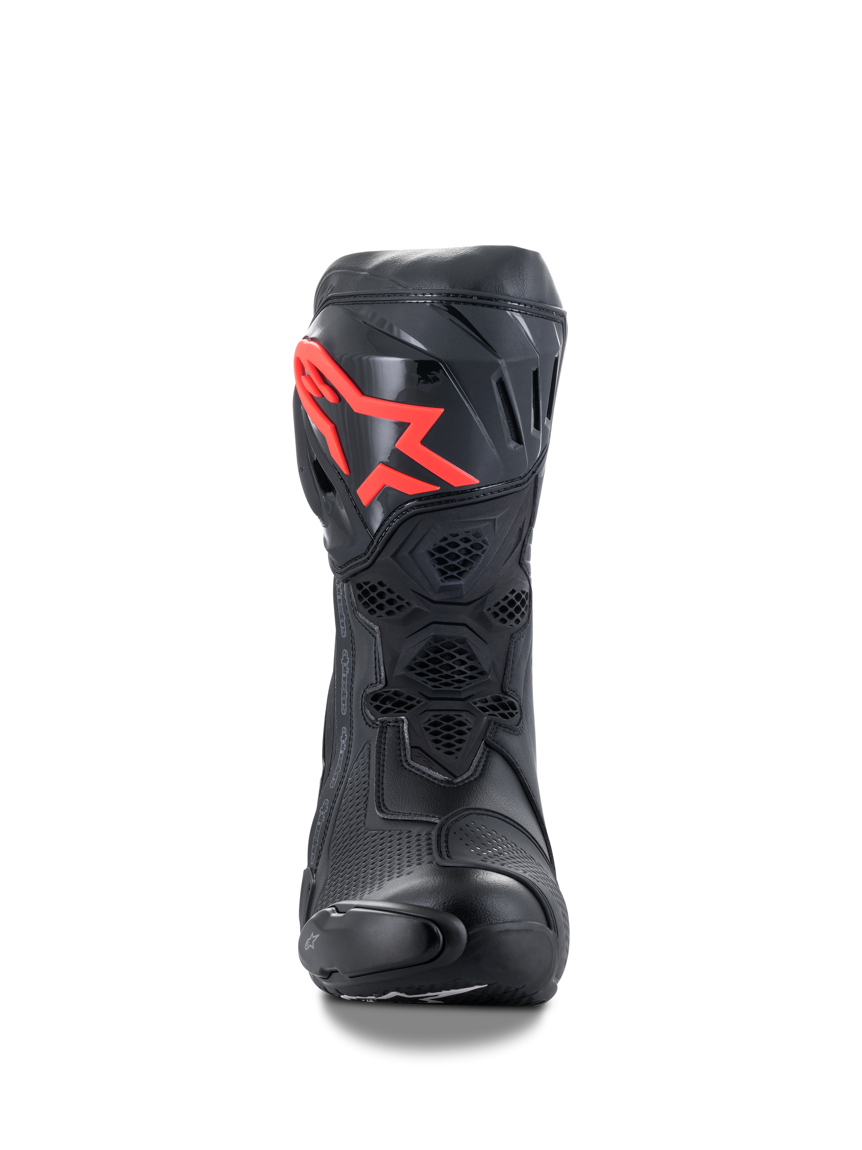 Bottes Alpinestars Supertech R, bottes de moto de course haute performance, noires avec logo rouge, vue de face présentant une plaque de tibia protectrice en TPU, une ventilation en maille nid d'abeille et un design de course aérodynamique