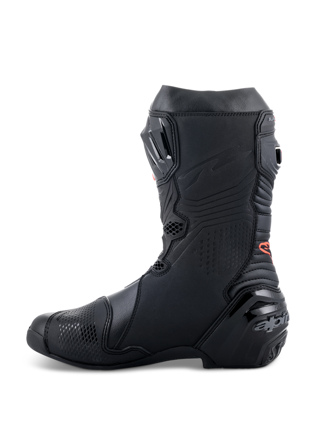 Alpinestars Supertech R, bottes de moto haute performance pour la course, design noir épuré avec détails de logo rouge, profil latéral avec talon renforcé et panneaux de protection en TPU