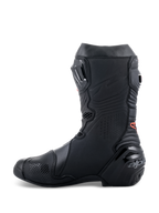Alpinestars Supertech R, bottes de moto haute performance pour la course, design noir épuré avec détails de logo rouge, profil latéral avec talon renforcé et panneaux de protection en TPU