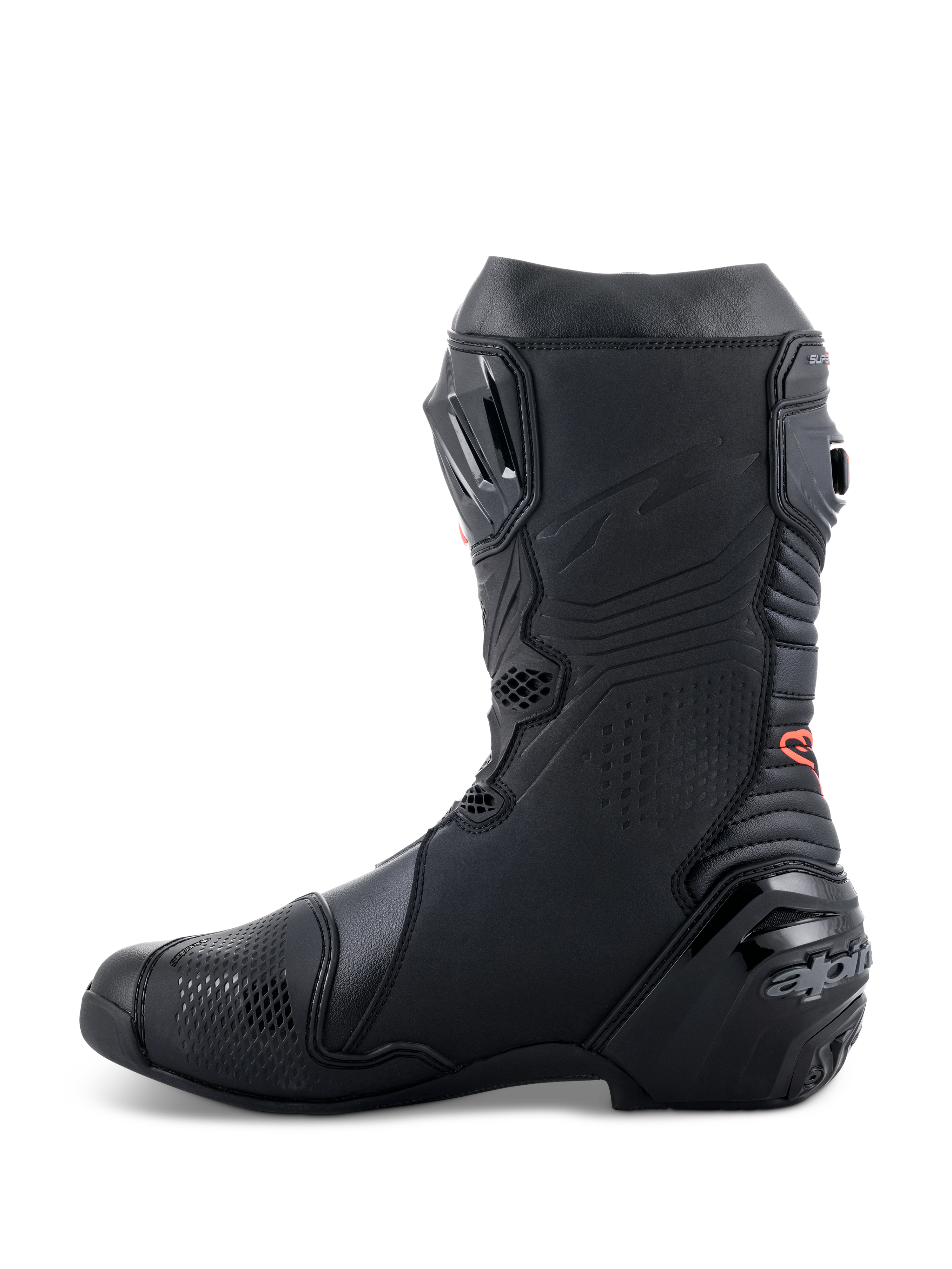 Alpinestars Supertech R, bottes de moto haute performance pour la course, design noir épuré avec détails de logo rouge, profil latéral avec talon renforcé et panneaux de protection en TPU