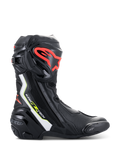 Bottes Alpinestars Supertech R, bottes de course moto haute performance, noir avec accents blancs, rouge fluo et jaune fluo, dotées d'une plaque de tibia protectrice en TPU avec logo rouge, slider d'orteil remplaçable et profil aérodynamique épuré.