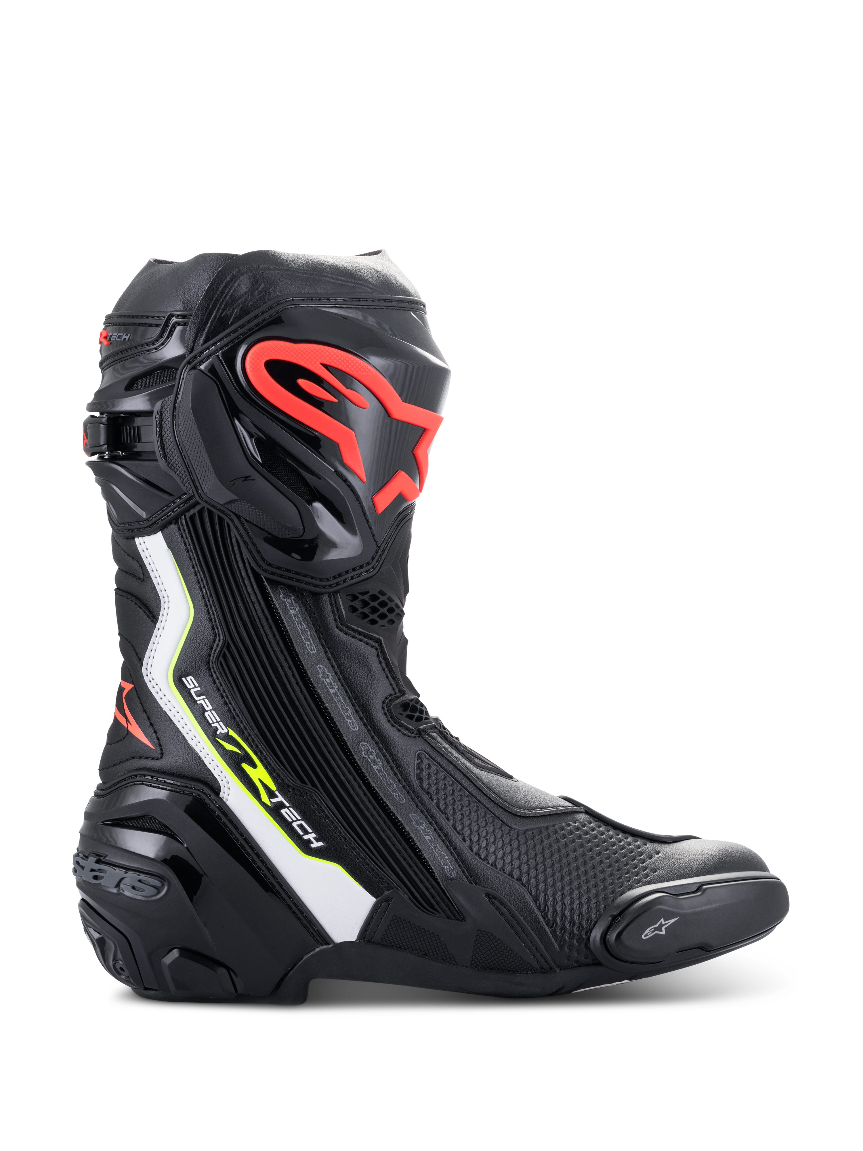 Bottes Alpinestars Supertech R, bottes de course moto haute performance, noir avec accents blancs, rouge fluo et jaune fluo, dotées d'une plaque de tibia protectrice en TPU avec logo rouge, slider d'orteil remplaçable et profil aérodynamique épuré.
