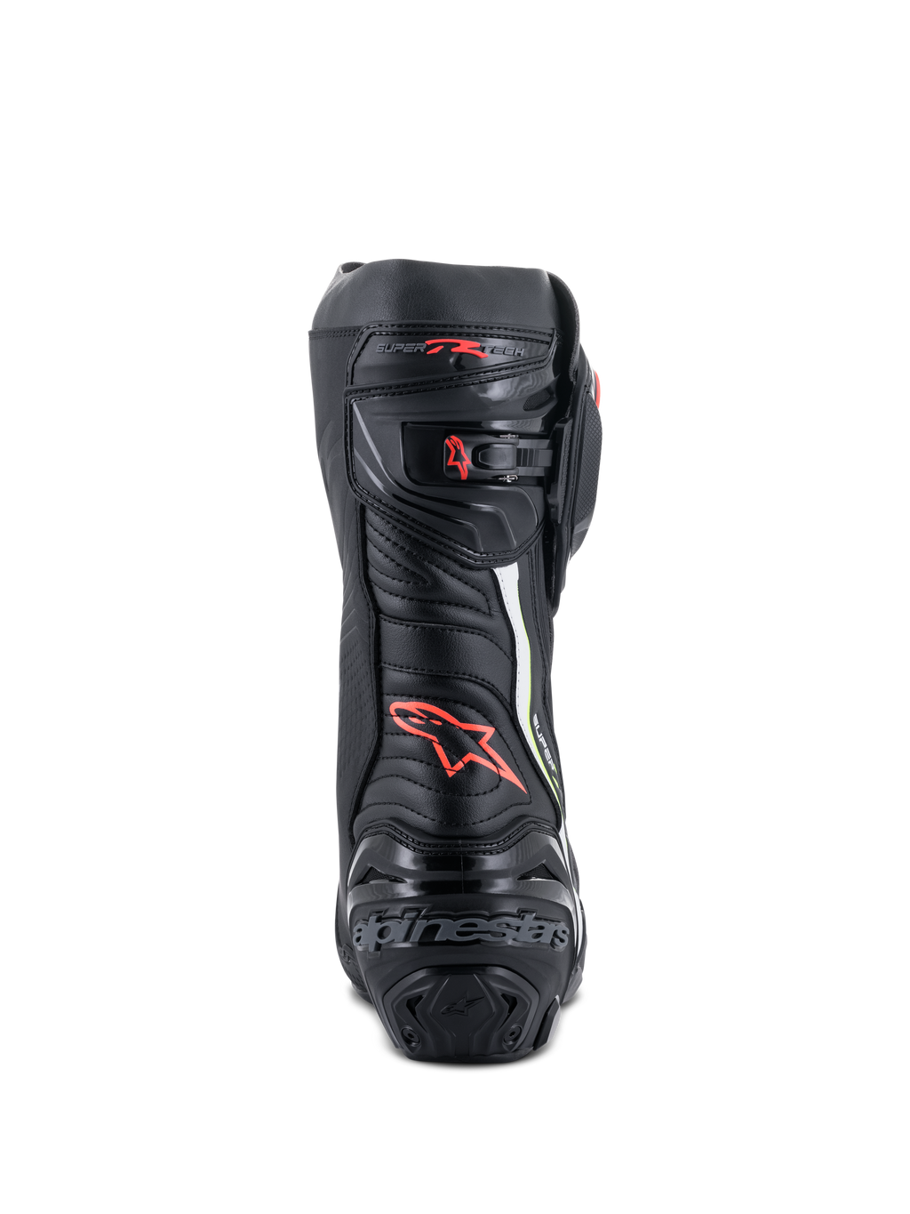 Bottes Alpinestars Supertech R, bottes de moto de course haute performance, vue arrière en noir avec des accents rouges et jaune fluo, dotées d'une protection de talon en TPU, d'une fermeture à cliquet micro-ajustable et du logo emblématique.