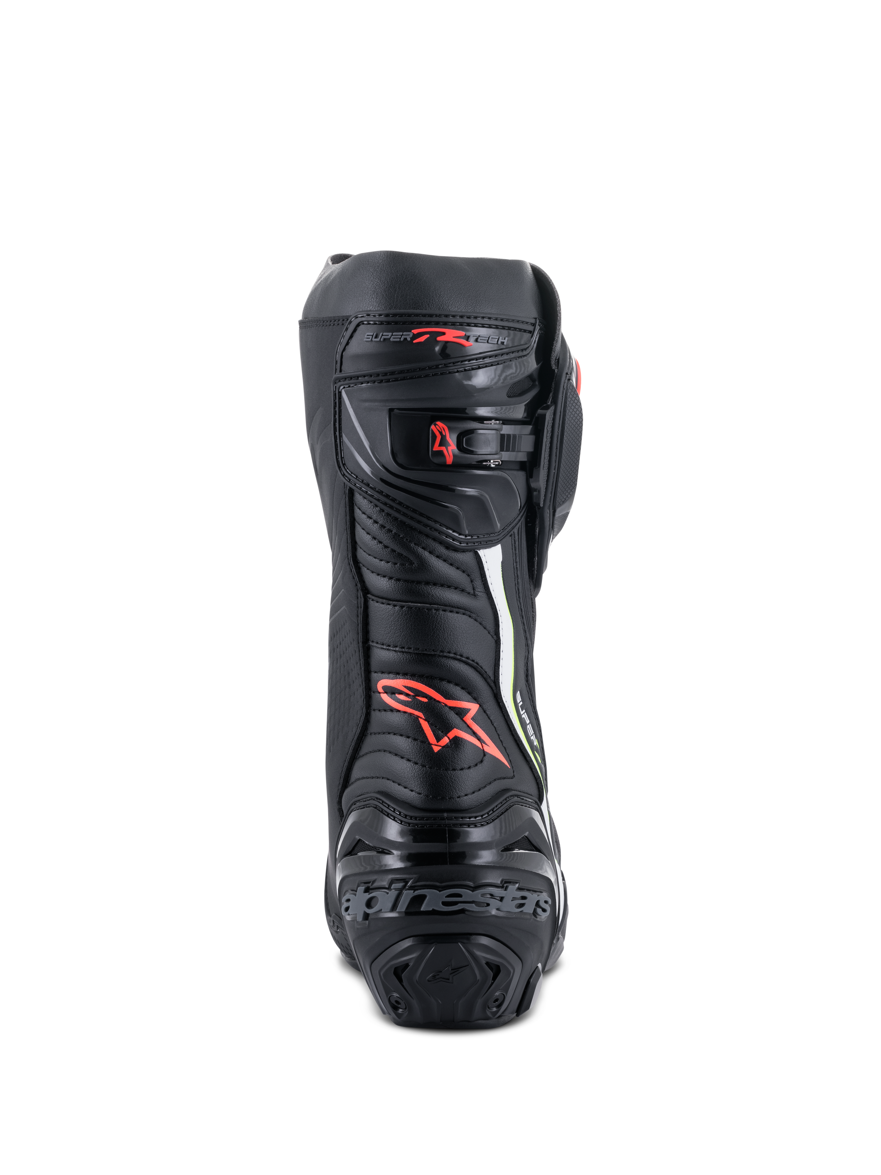 Bottes Alpinestars Supertech R, bottes de moto de course haute performance, vue arrière en noir avec des accents rouges et jaune fluo, dotées d'une protection de talon en TPU, d'une fermeture à cliquet micro-ajustable et du logo emblématique.