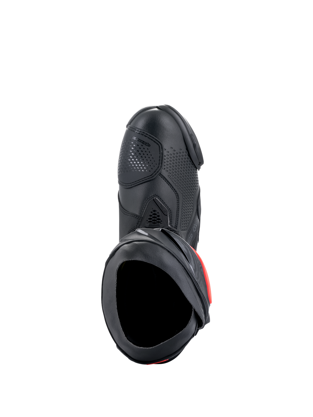 Bottes Alpinestars Supertech R, bottes de moto de course haute performance, noires avec des accents rouges, vue de dessus mettant en avant la tige en microfibre, la texture perforée, la zone du sélecteur en TPU et l'ouverture sécurisée.