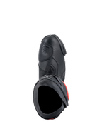 Bottes Alpinestars Supertech R, bottes de moto de course haute performance, noires avec des accents rouges, vue de dessus mettant en avant la tige en microfibre, la texture perforée, la zone du sélecteur en TPU et l'ouverture sécurisée.