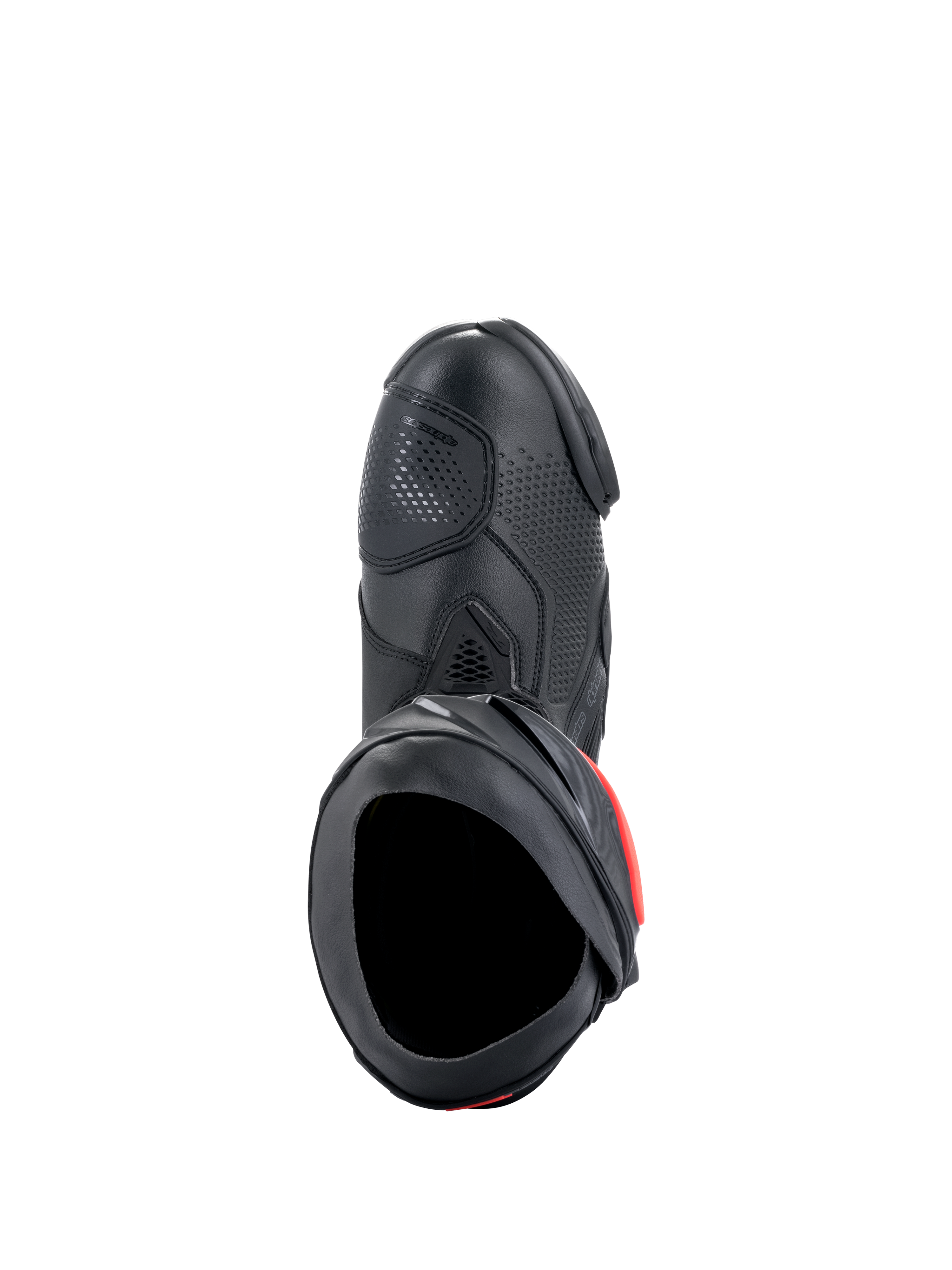 Bottes Alpinestars Supertech R, bottes de moto de course haute performance, noires avec des accents rouges, vue de dessus mettant en avant la tige en microfibre, la texture perforée, la zone du sélecteur en TPU et l'ouverture sécurisée.