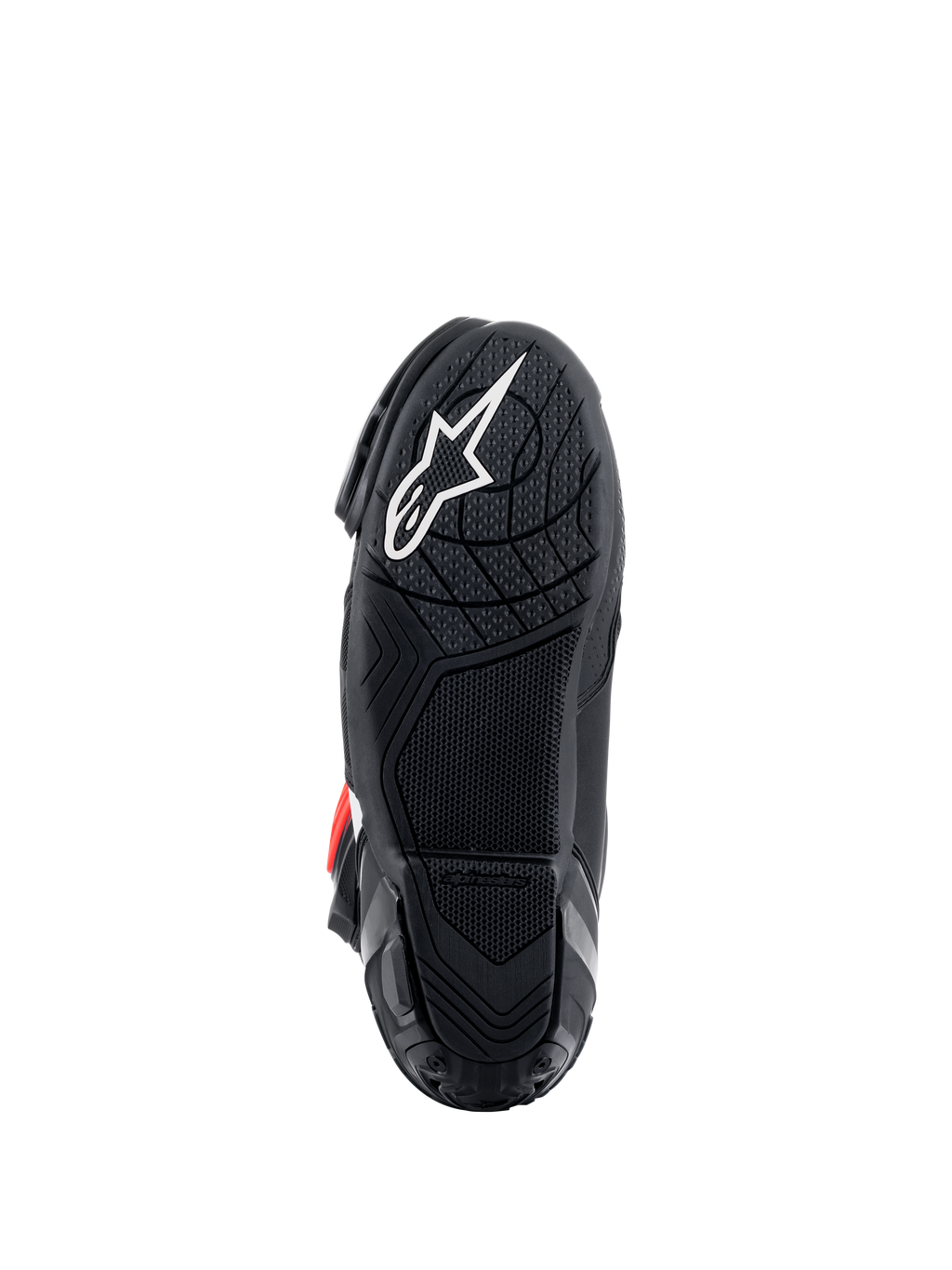 Bottes Alpinestars Supertech R, vue de la semelle, composé de caoutchouc léger noir avec motif d'adhérence texturé, logo étoile Alpinestars blanc, chaussures de course moto haute performance
