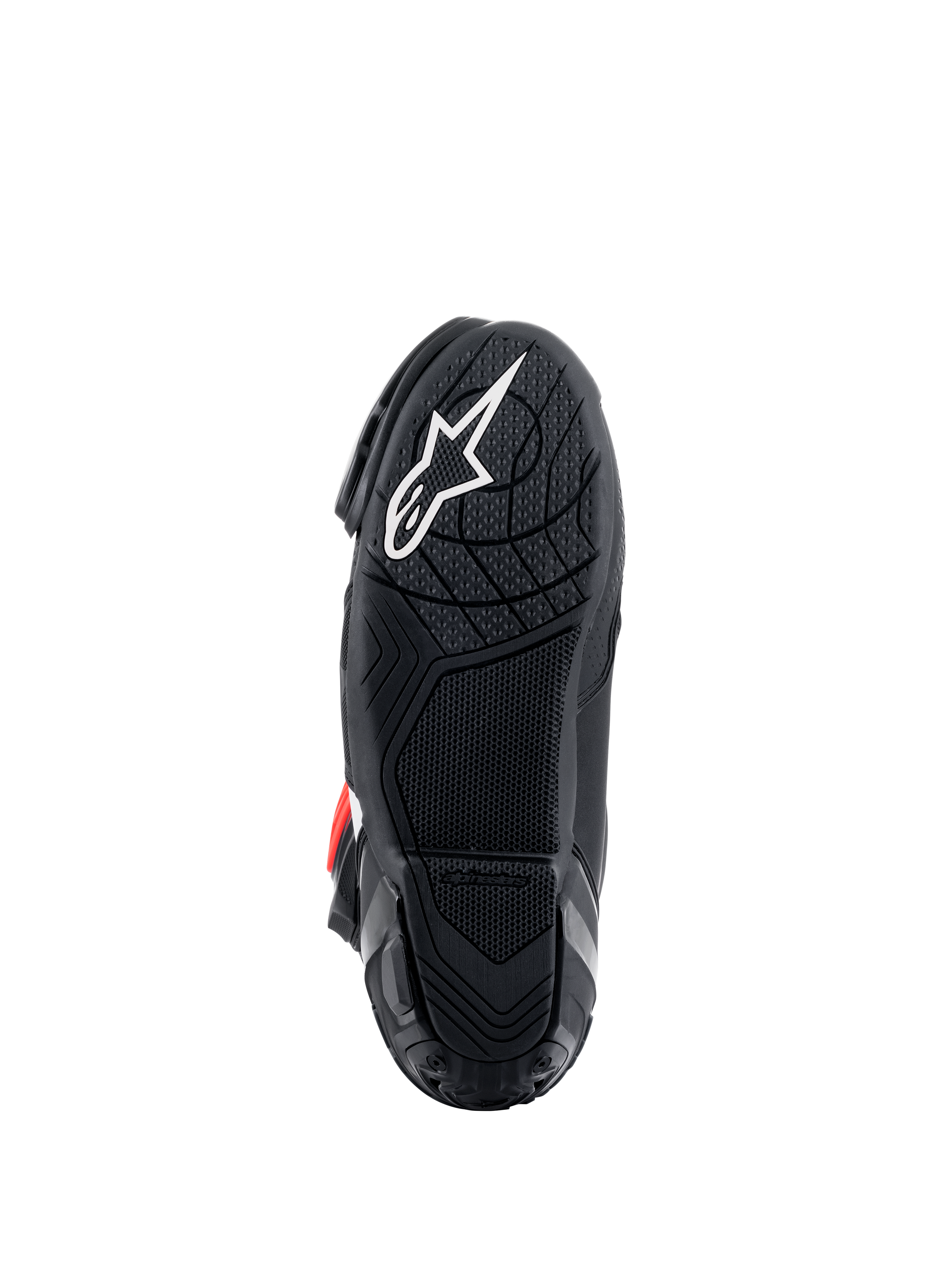 Bottes Alpinestars Supertech R, vue de la semelle, composé de caoutchouc léger noir avec motif d'adhérence texturé, logo étoile Alpinestars blanc, chaussures de course moto haute performance