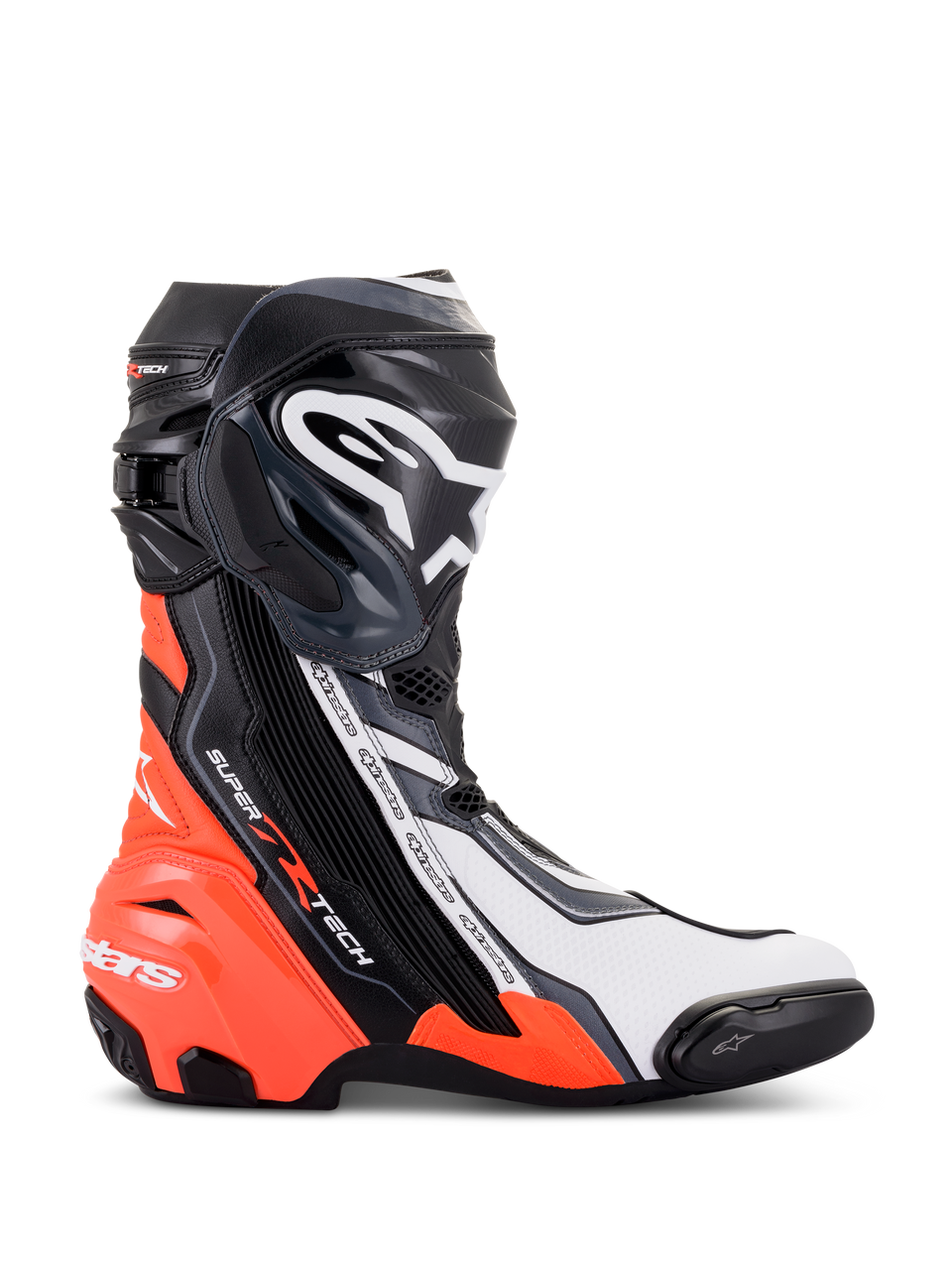 Bottes Alpinestars Supertech R, chaussures de moto de course haute performance, noir, rouge fluo, blanc et gris, vue de profil montrant la plaque tibiale en TPU et le slider d'orteil, design aérodynamique avec marquage distinctif pour une utilisation sur piste et sur route.