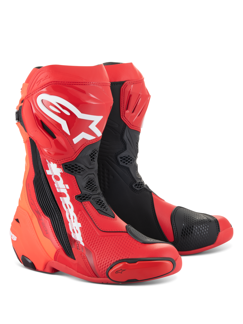 Bottes Alpinestars Supertech R, bottes de course moto, rouge vif et rouge fluo avec des accents noirs et blancs, dotées de logos Alpinestars blancs sur le tibia, de plaques de protection renforcées et de sliders d'orteils remplaçables, chaussures haute performance pour le sport et la course.