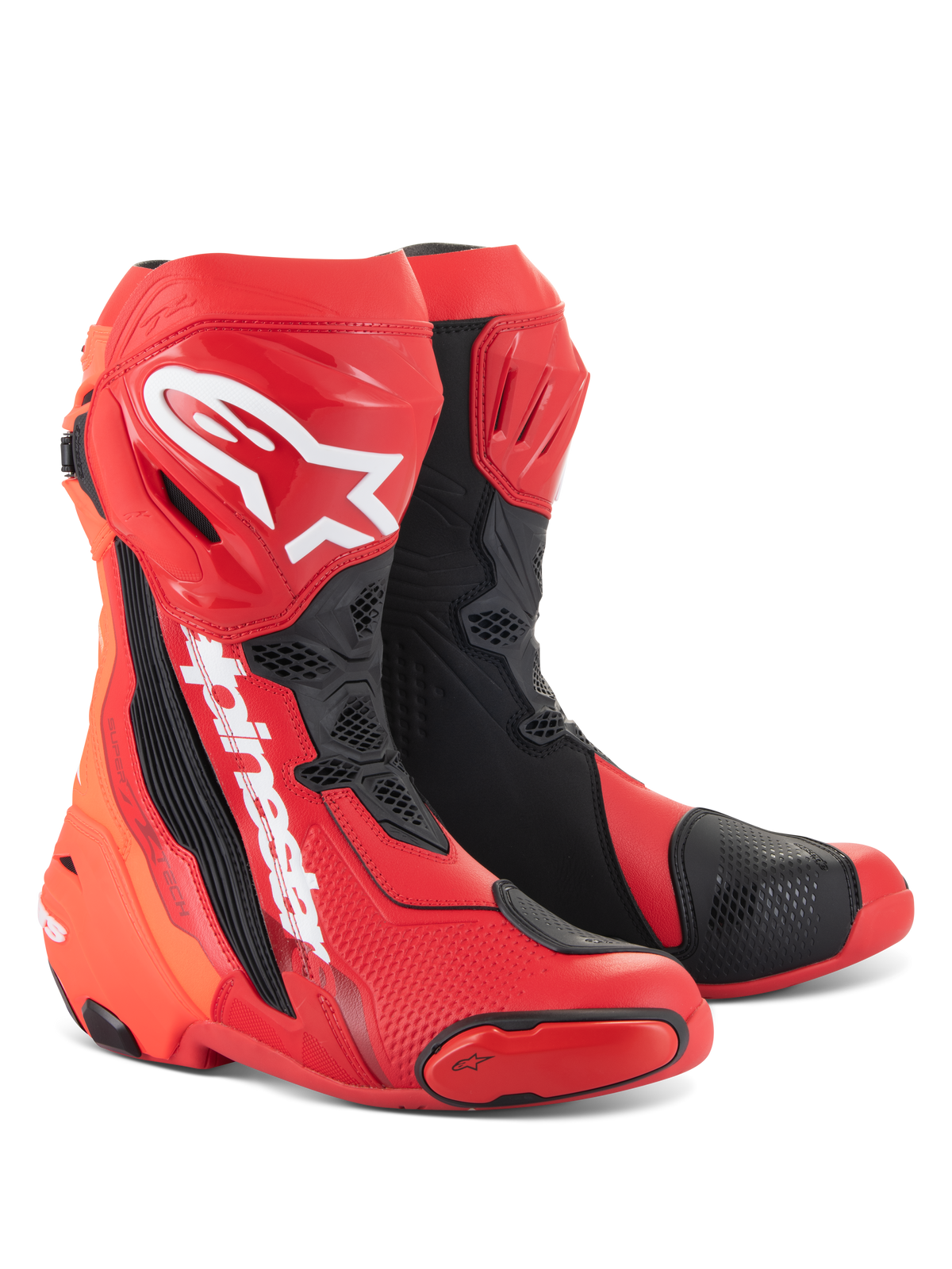 Bottes Alpinestars Supertech R, bottes de course moto, rouge vif et rouge fluo avec des accents noirs et blancs, dotées de logos Alpinestars blancs sur le tibia, de plaques de protection renforcées et de sliders d'orteils remplaçables, chaussures haute performance pour le sport et la course.