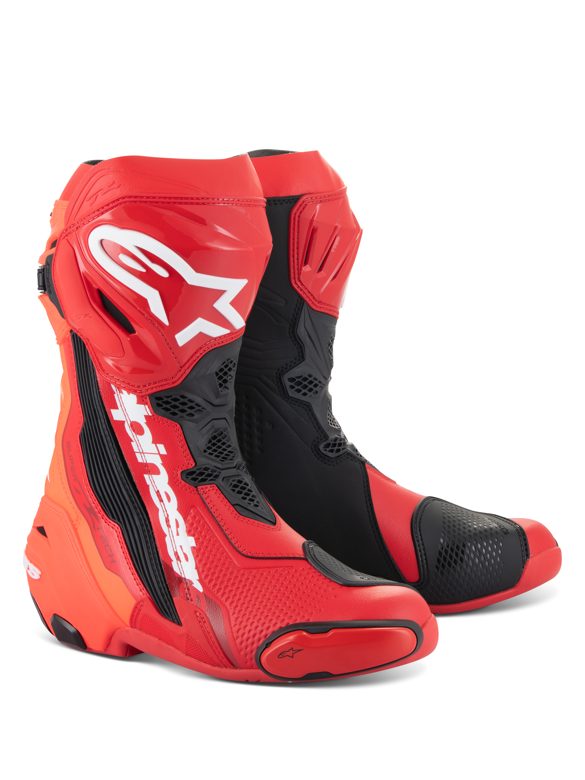 Alpinestars Supertech R Boots, Motorcycle Racing Boots, Bright Red and Red Fluo with black and white accents, featuring white Alpinestars logos on the shin, reinforced protective plates, and replaceable toe sliders, high-performance footwear for sport and racing.