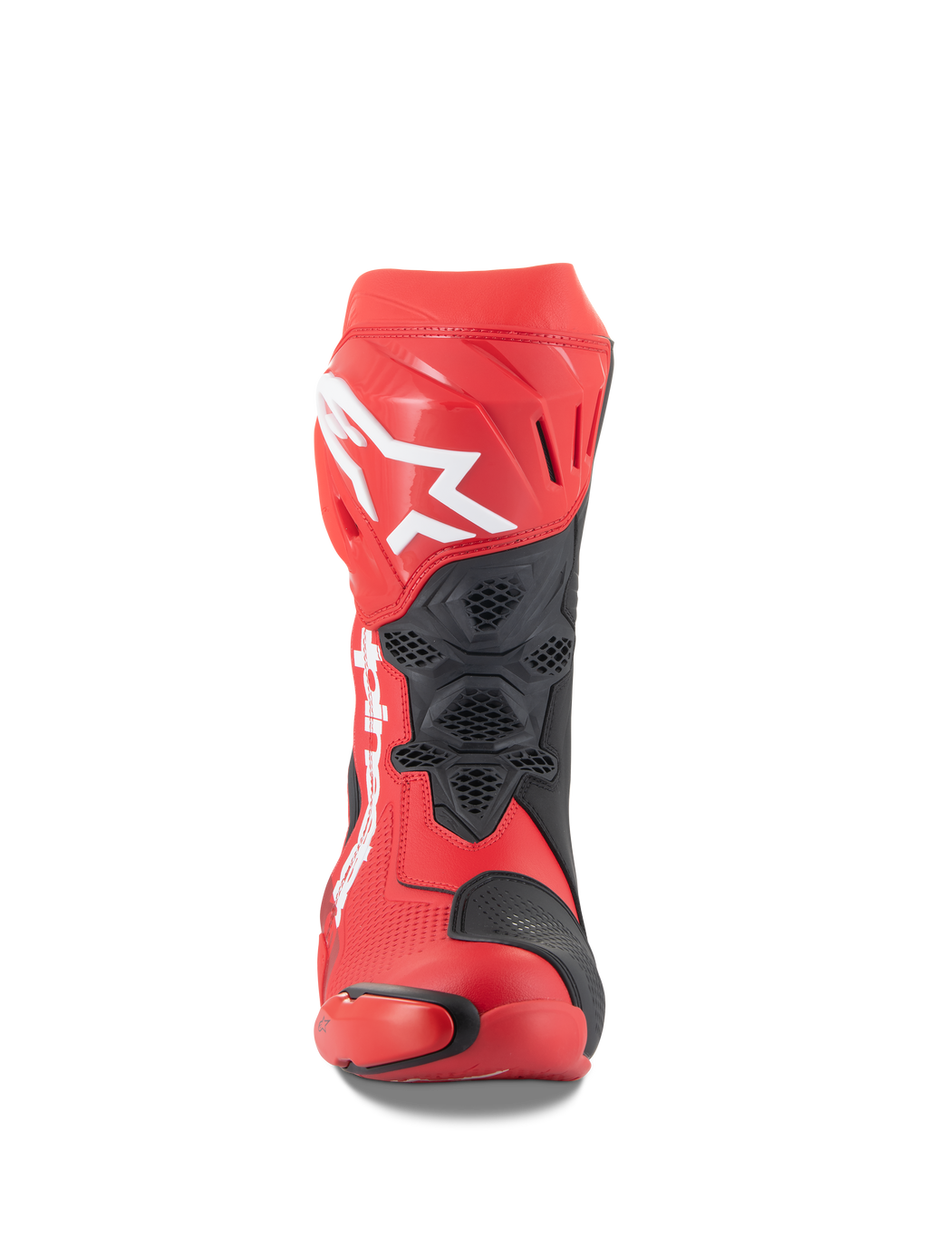 Bottes Alpinestars Supertech R, rouge éclatant et rouge fluo, vue de face avec un grand logo Astars blanc sur le protège-tibia, panneaux de ventilation en mesh noir, design racing technique pour la performance sur circuit moto